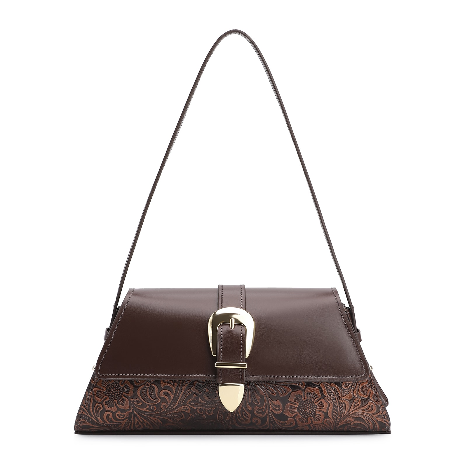Bolsa De Ombro Fivela Couro Marrom Adamascado