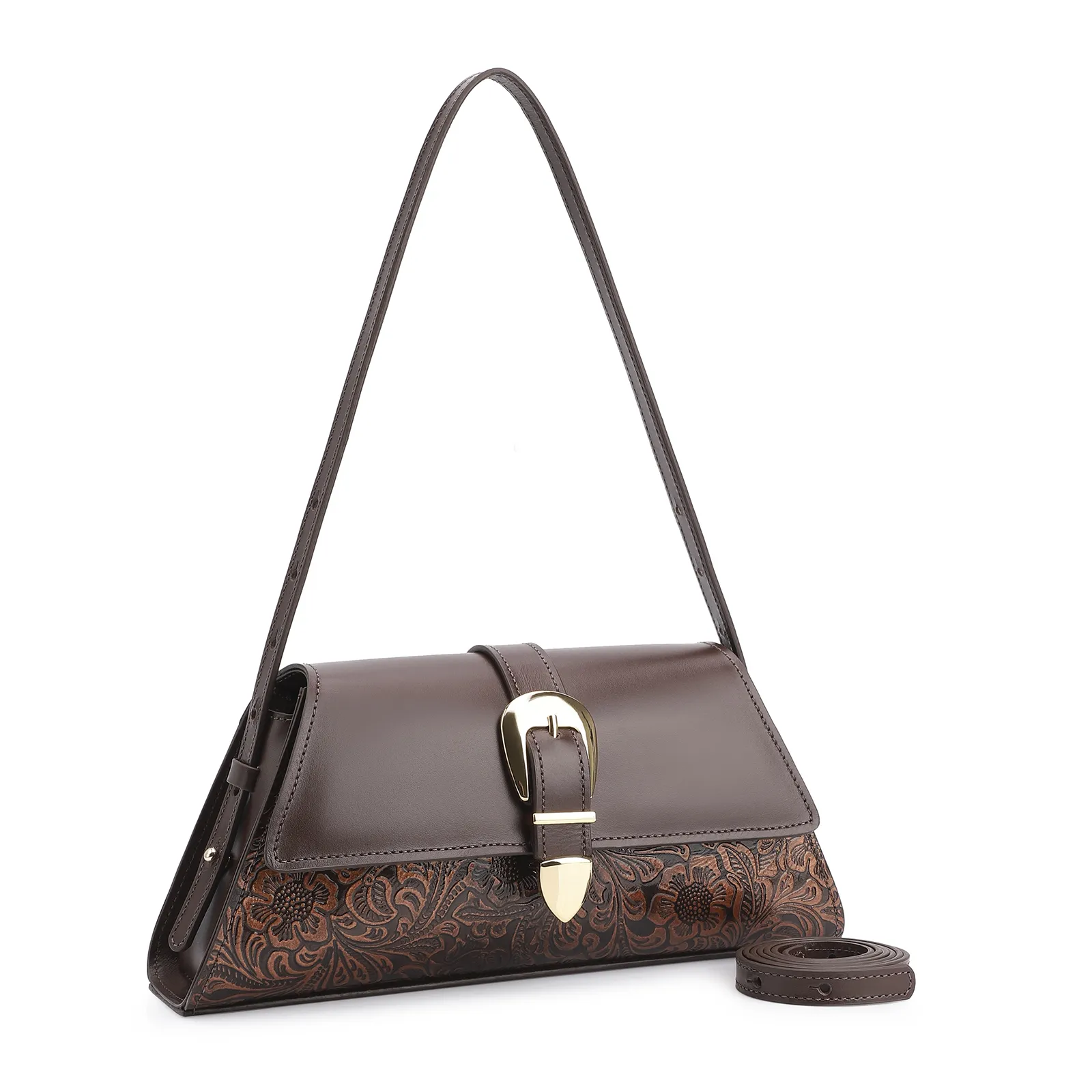 Bolsa De Ombro Fivela Couro Marrom Adamascado