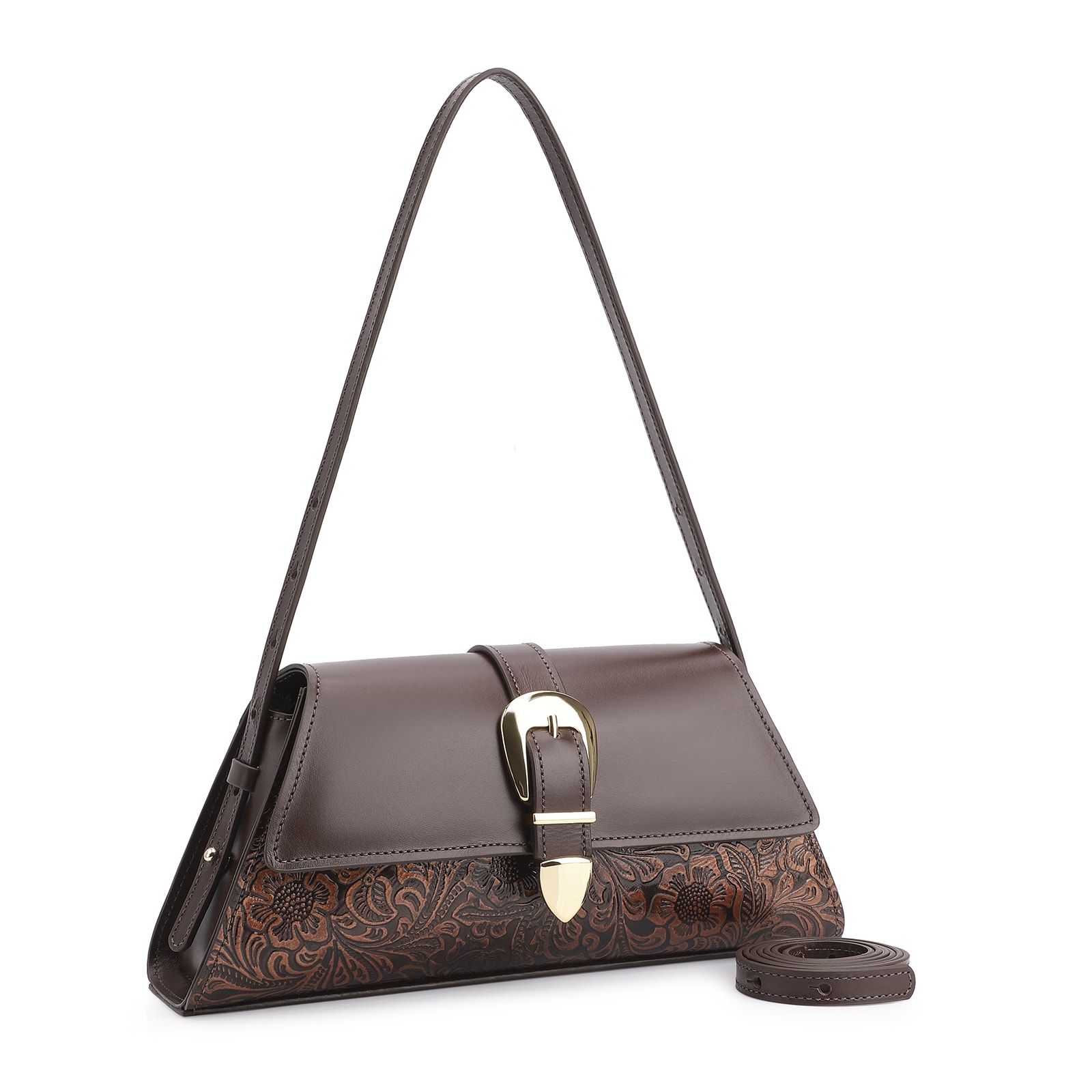 Bolsa De Ombro Fivela Couro Marrom Adamascado