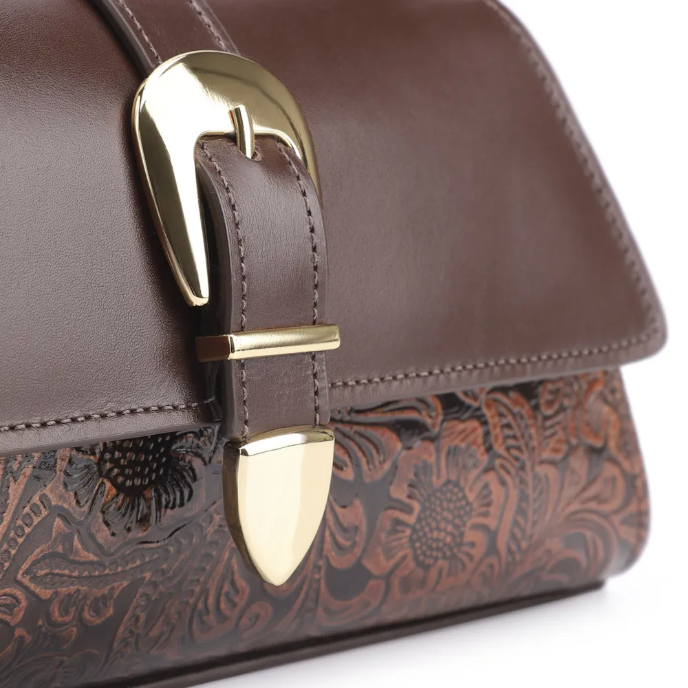Bolsa De Ombro Fivela Couro Marrom Adamascado - imagem 5