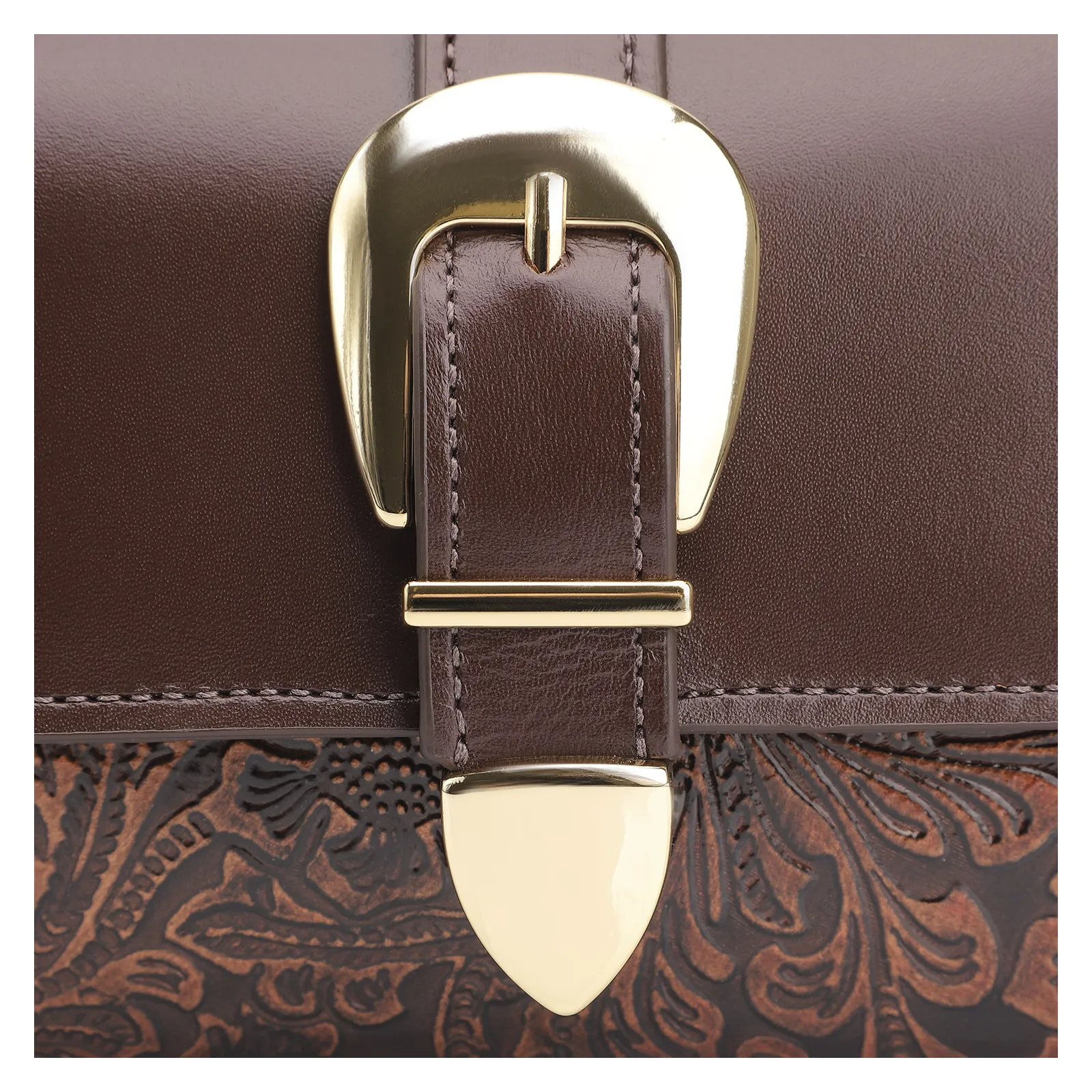 Bolsa De Ombro Fivela Couro Marrom Adamascado