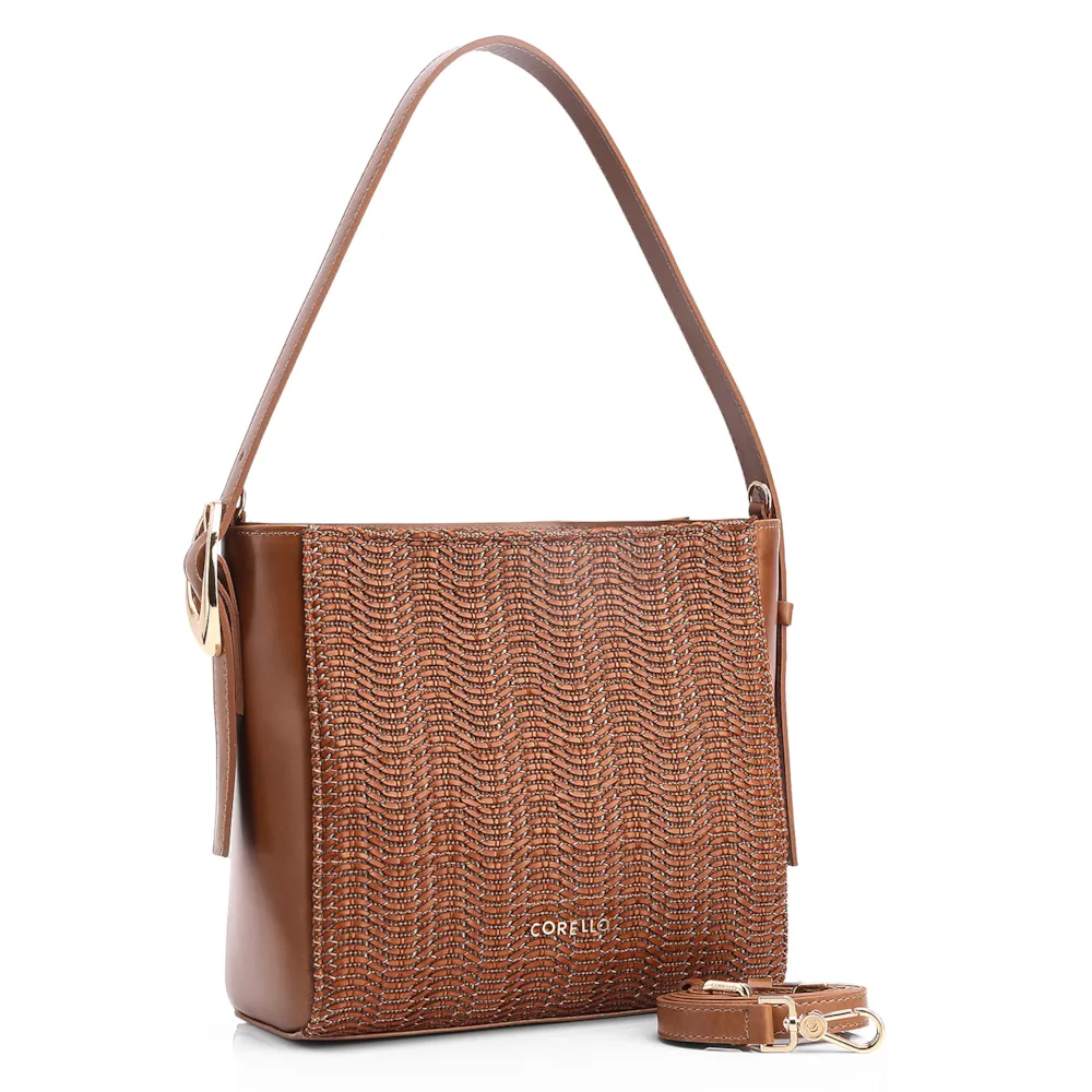 Bolsa De Ombro Fivela Couro Marrom/Alt Tramado Marrom - imagem 2