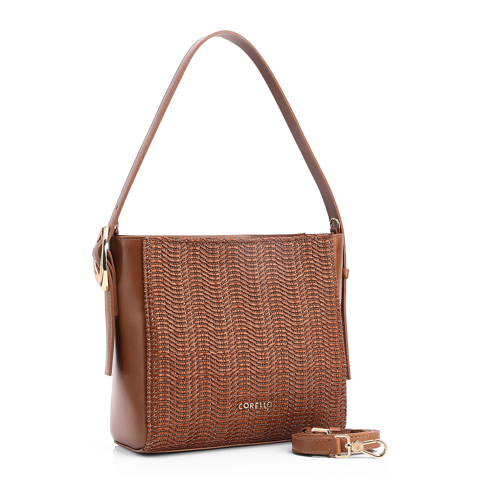 Bolsa De Ombro Fivela Couro Marrom/Alt Tramado Marrom