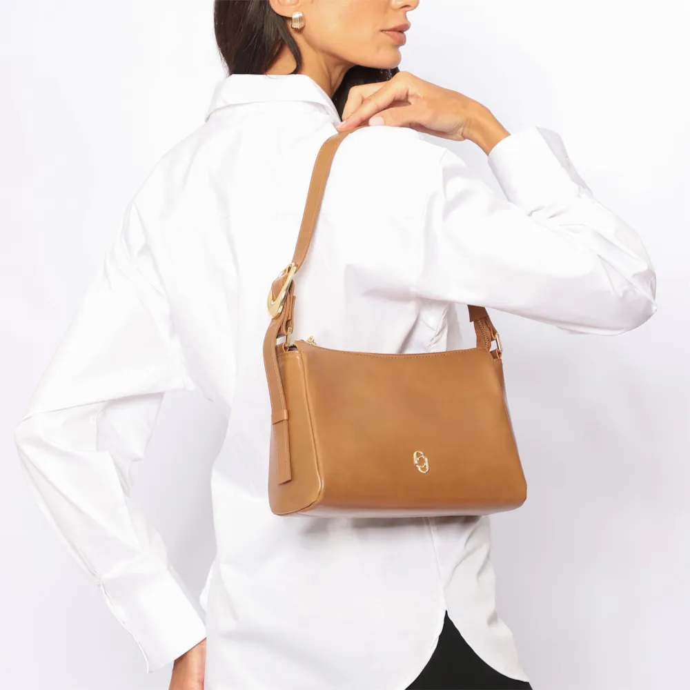 Bolsa De Ombro Fivela Couro Marrom Claro - imagem 2