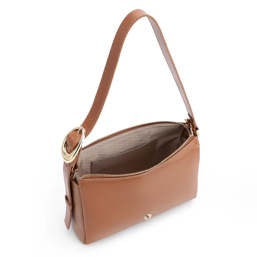 Bolsa De Ombro Fivela Couro Marrom Claro - imagem 5