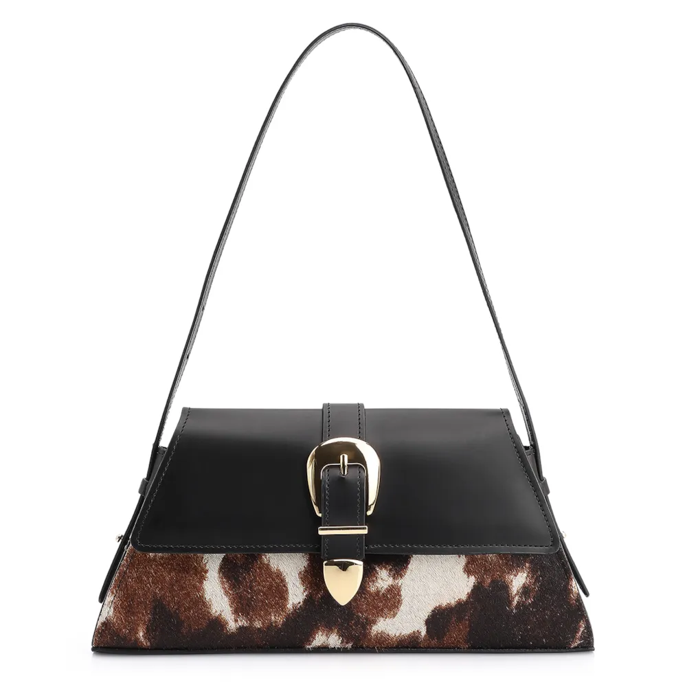 Bolsa De Ombro Fivela Couro Preto/Couro Pelo Vaca