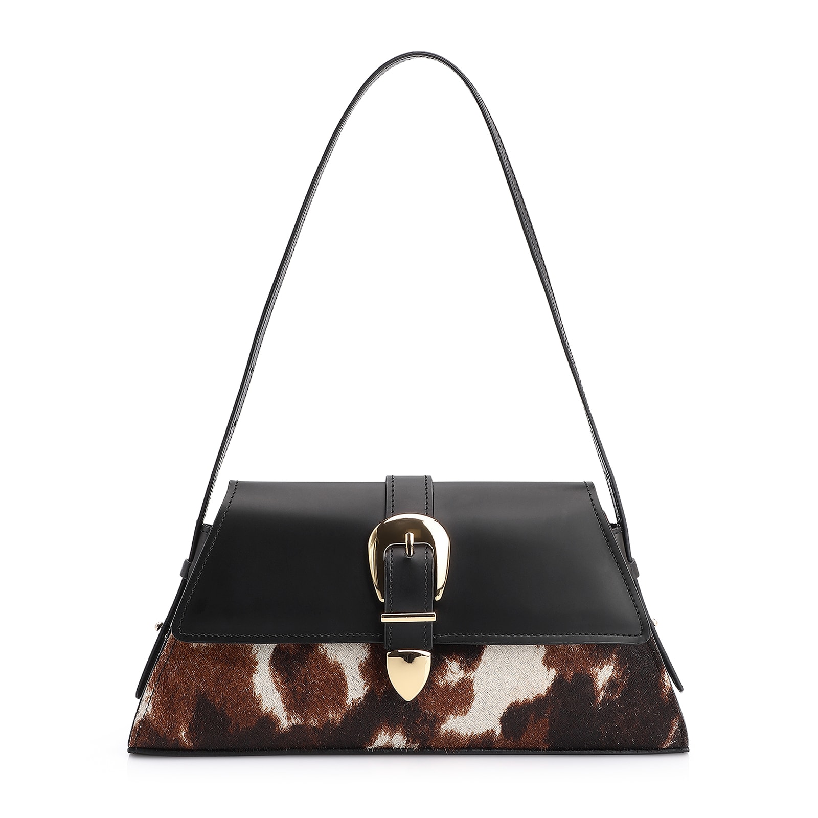 Bolsa De Ombro Fivela Couro Preto/Couro Pelo Vaca