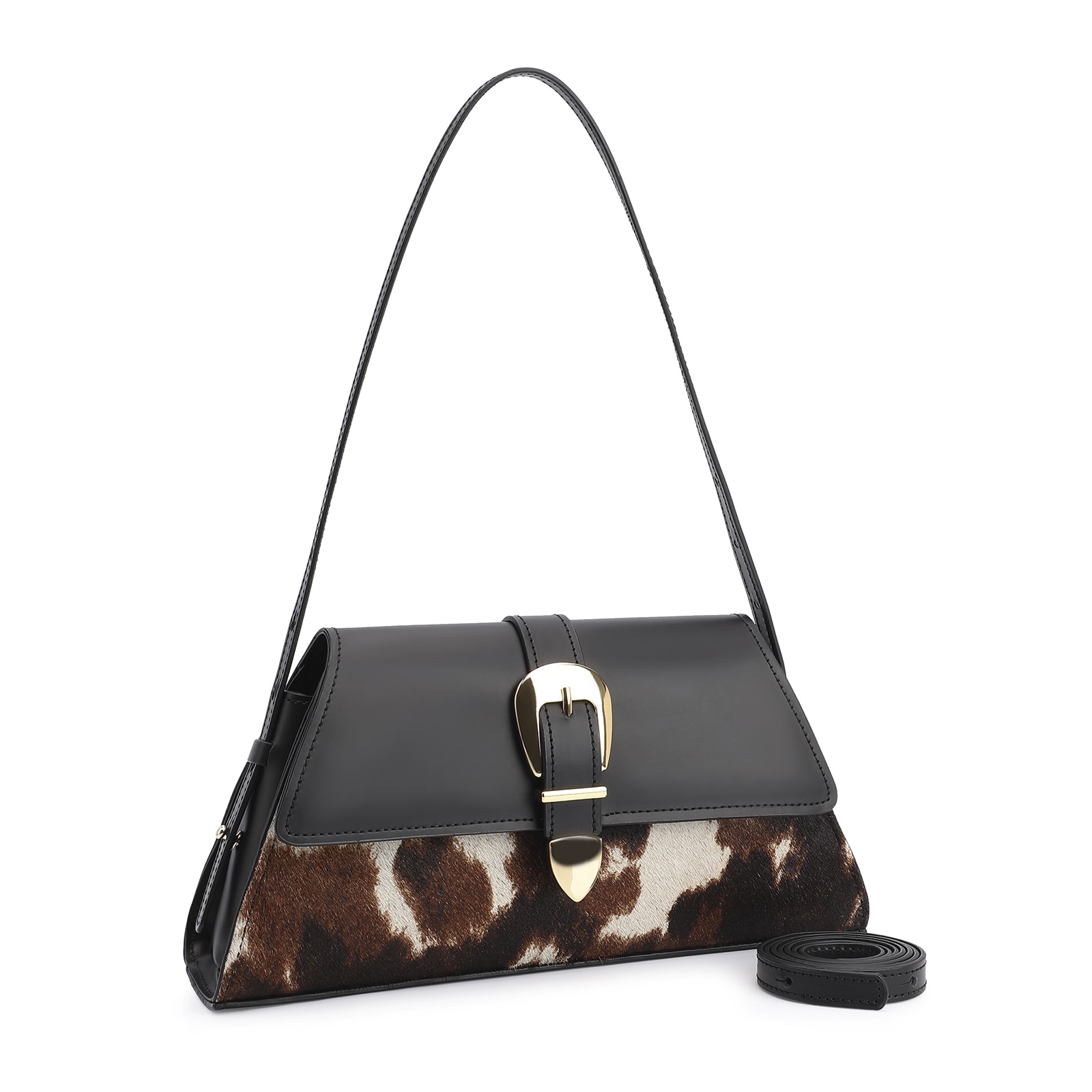 Bolsa De Ombro Fivela Couro Preto/Couro Pelo Vaca