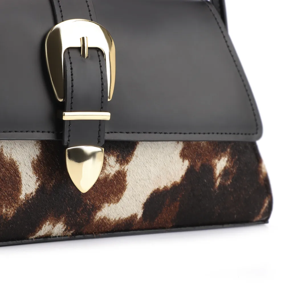 Bolsa De Ombro Fivela Couro Preto/Couro Pelo Vaca - imagem 5
