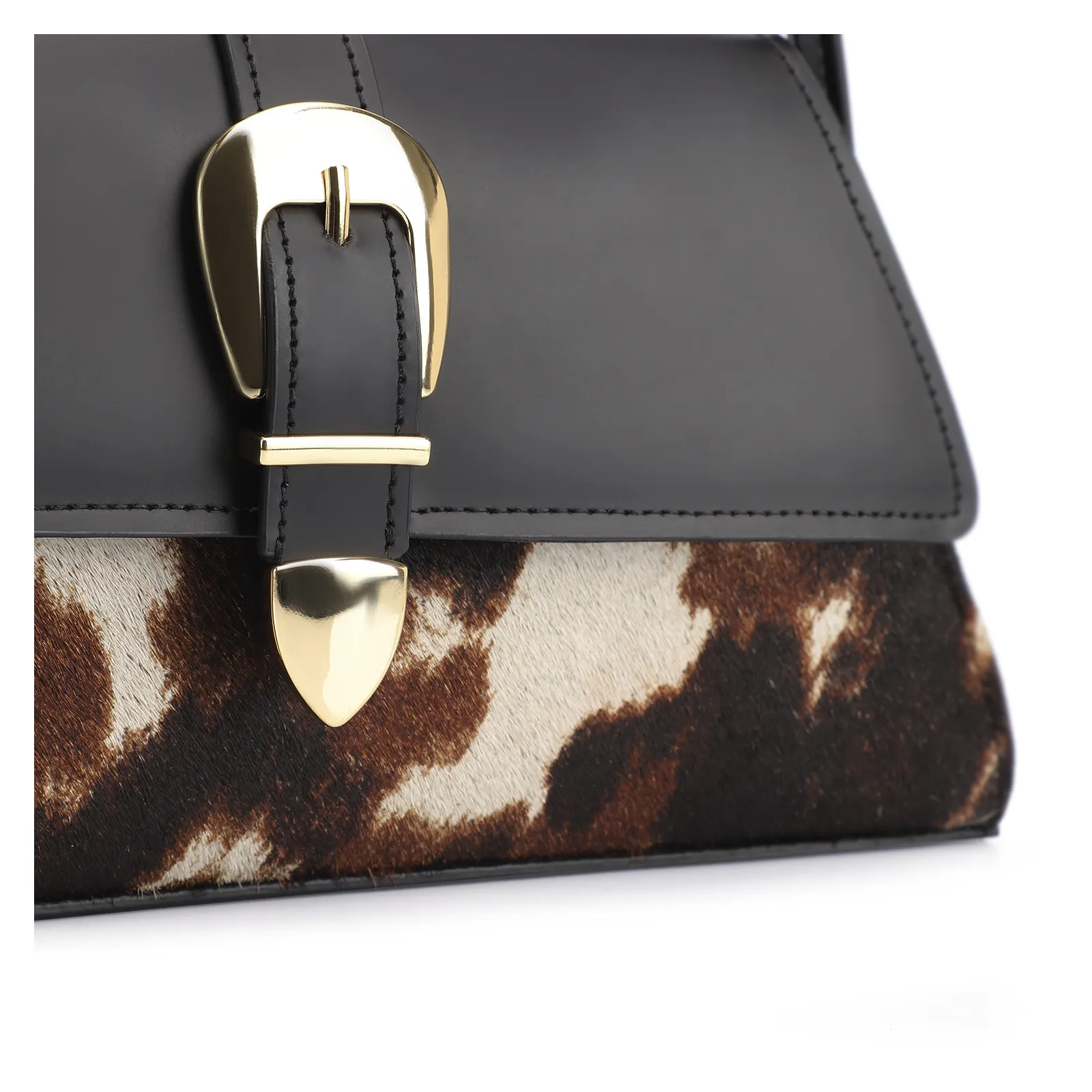 Bolsa De Ombro Fivela Couro Preto/Couro Pelo Vaca