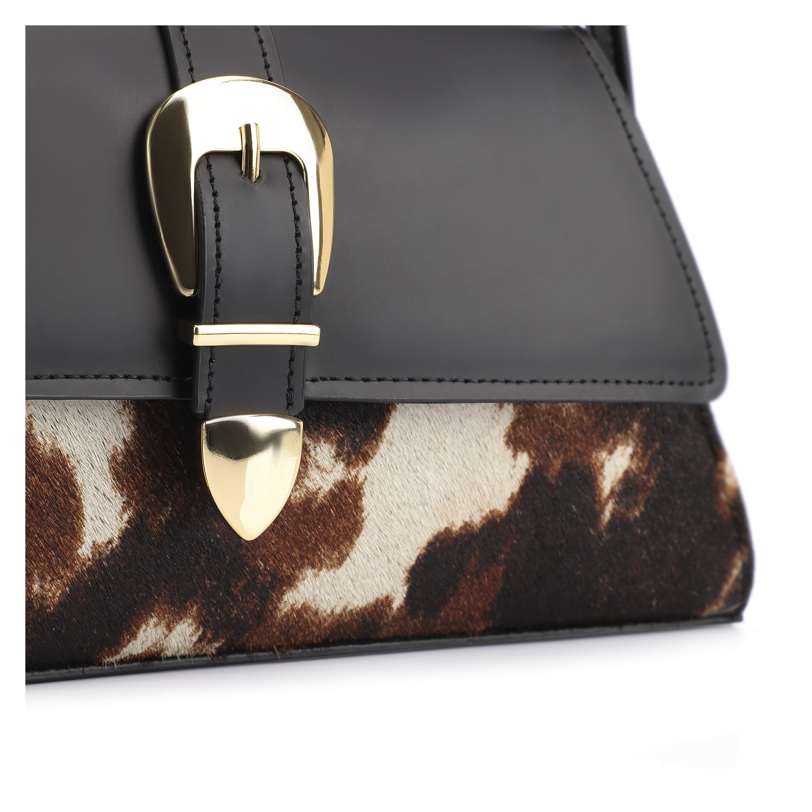 Bolsa De Ombro Fivela Couro Preto/Couro Pelo Vaca