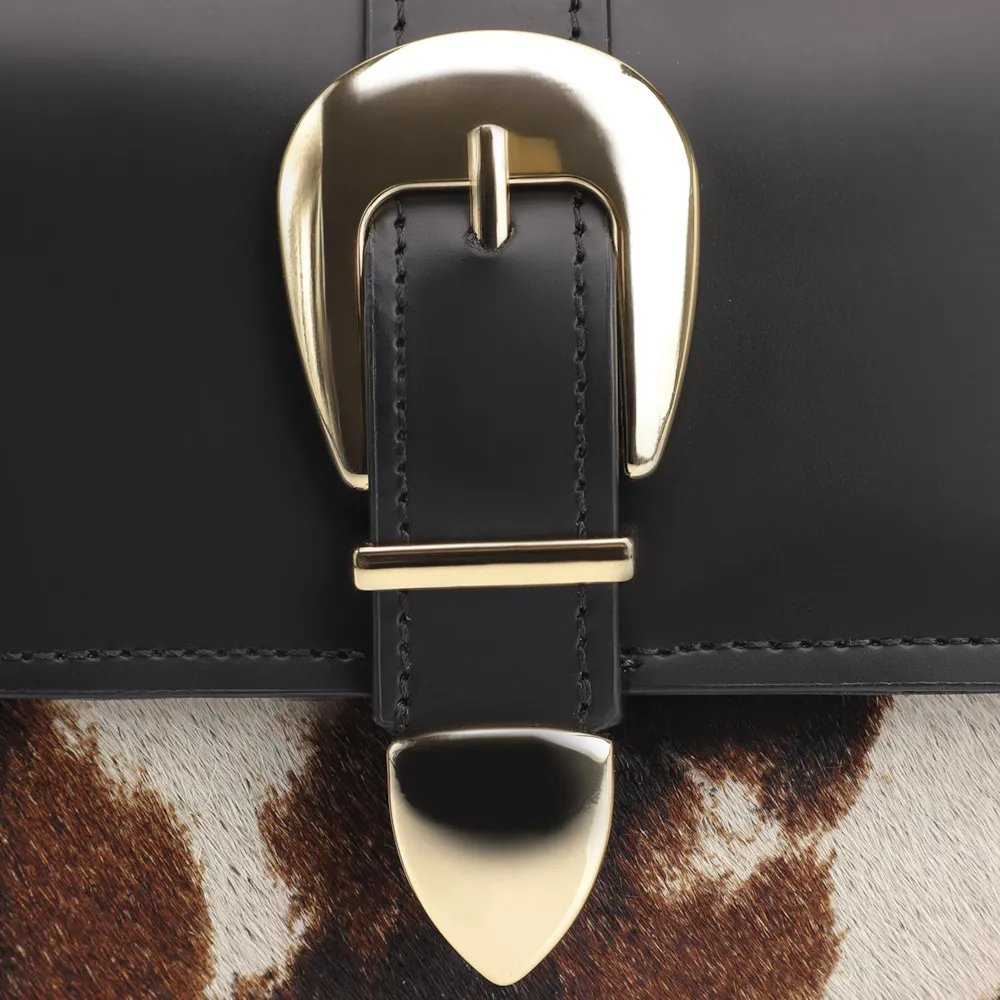 Bolsa De Ombro Fivela Couro Preto/Couro Pelo Vaca - imagem 7