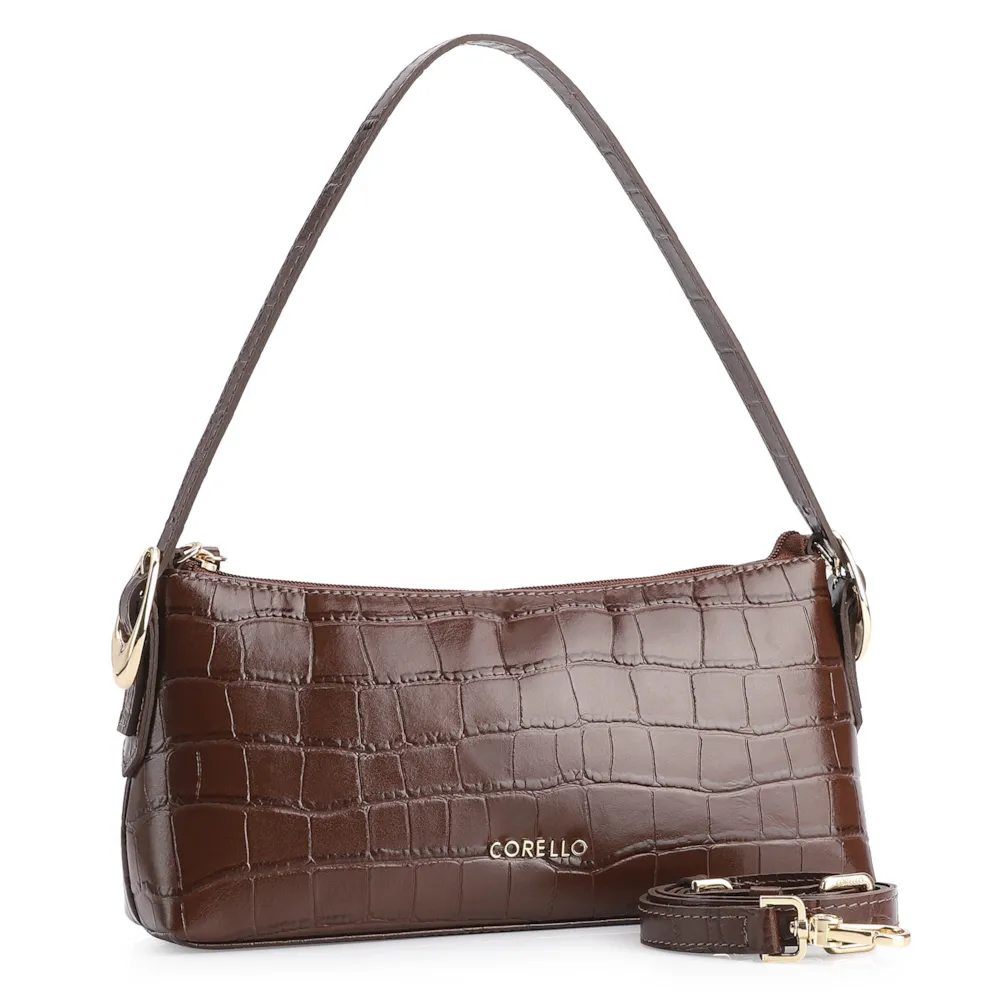 Bolsa De Ombro Fivelas Couro Croco Marrom - imagem 3