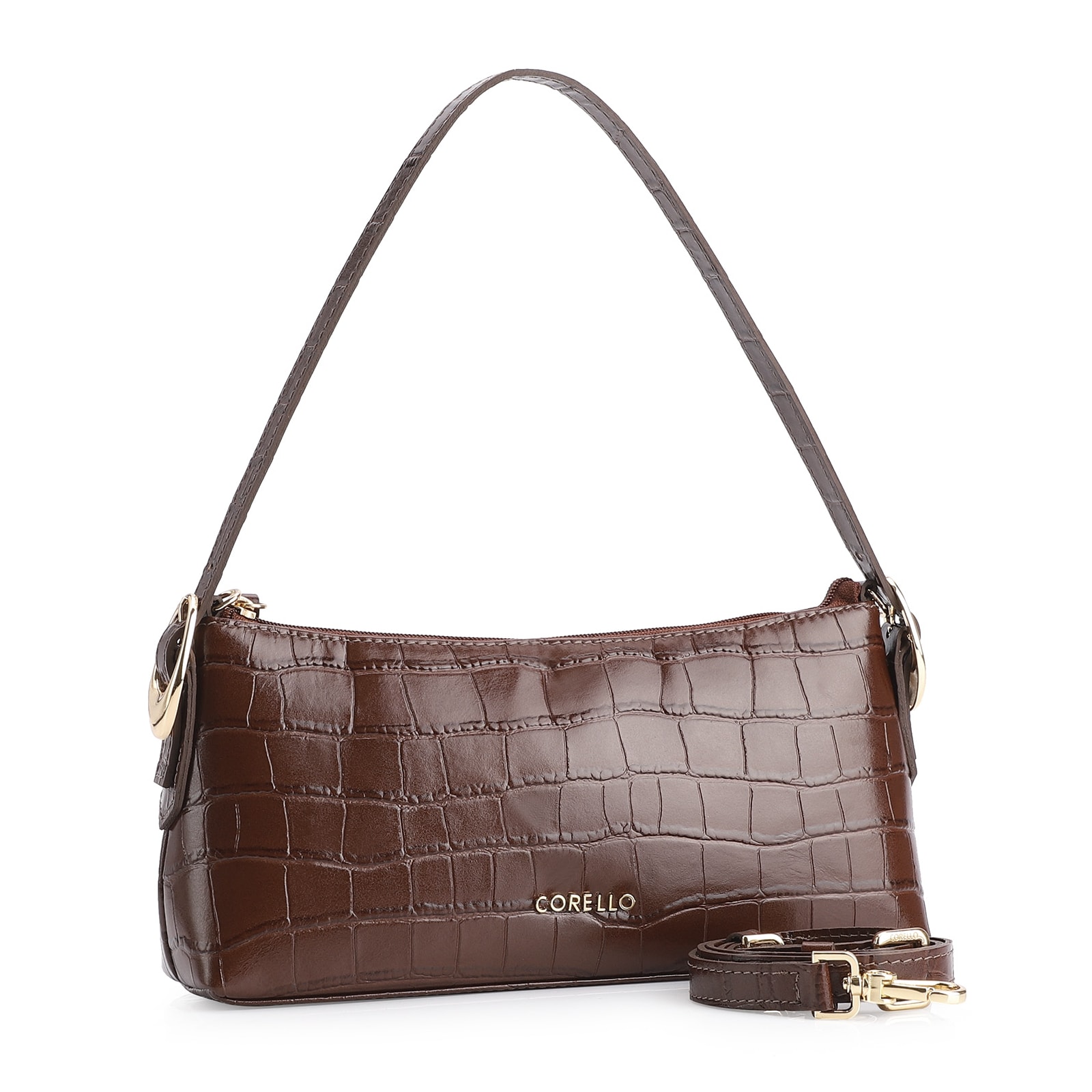 Bolsa De Ombro Fivelas Couro Croco Marrom