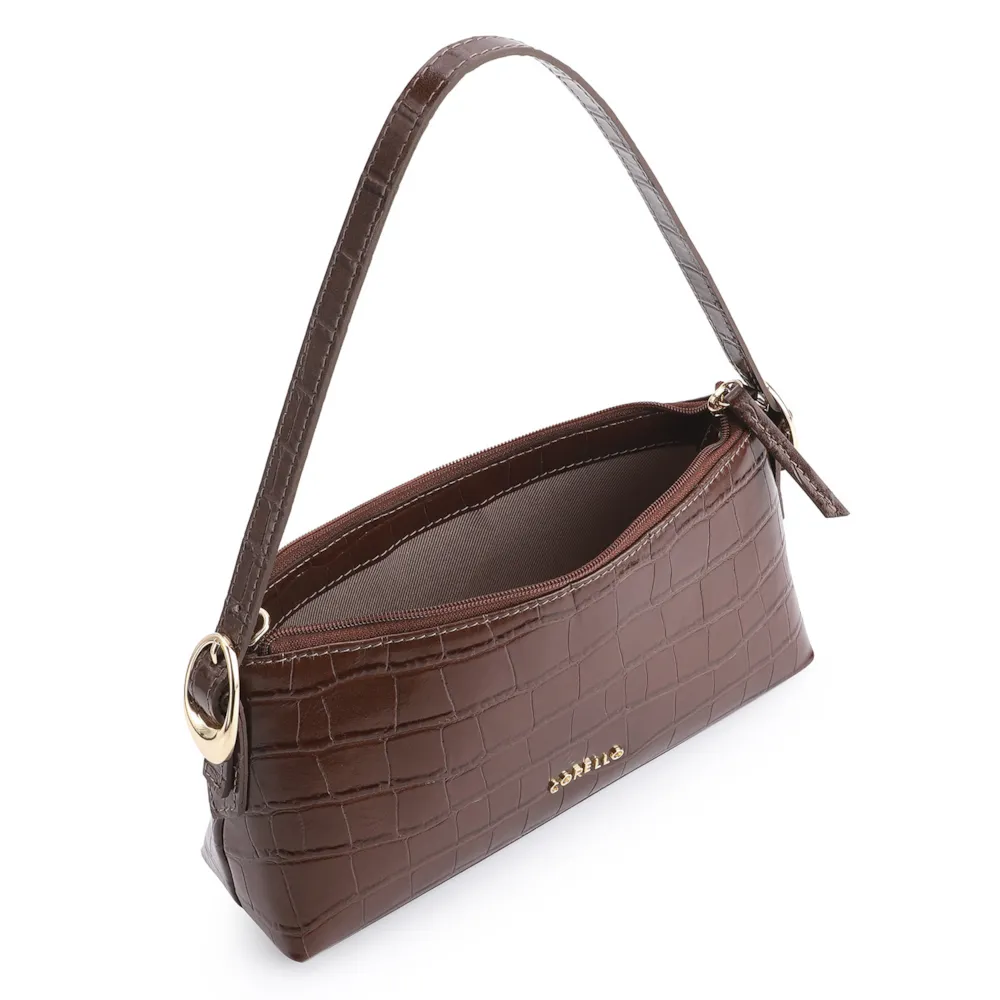 Bolsa De Ombro Fivelas Couro Croco Marrom - imagem 5