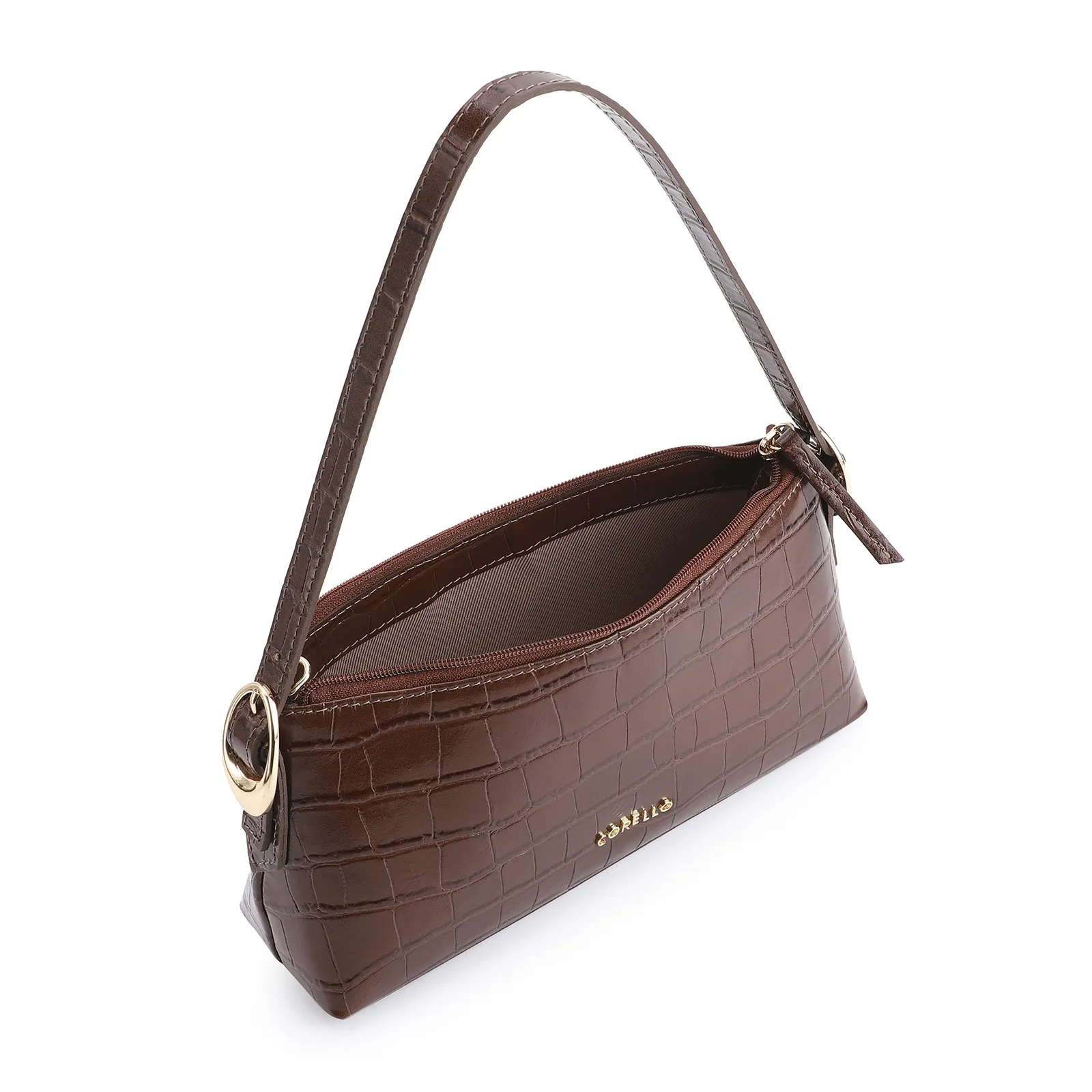 Bolsa De Ombro Fivelas Couro Croco Marrom