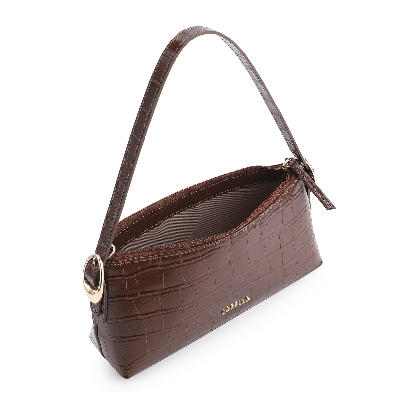 Bolsa De Ombro Fivelas Couro Croco Marrom
