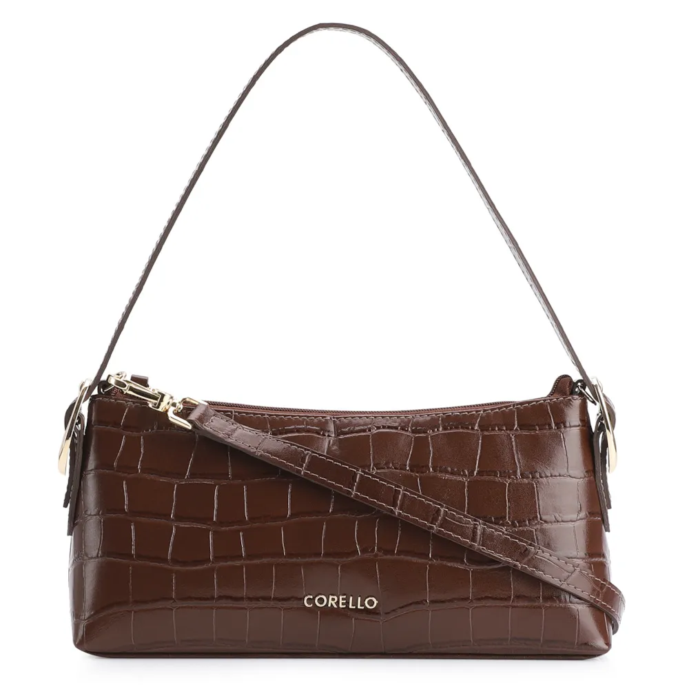 Bolsa De Ombro Fivelas Couro Croco Marrom