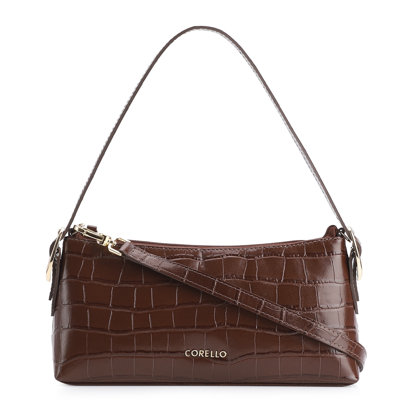 Bolsa De Ombro Fivelas Couro Croco Marrom