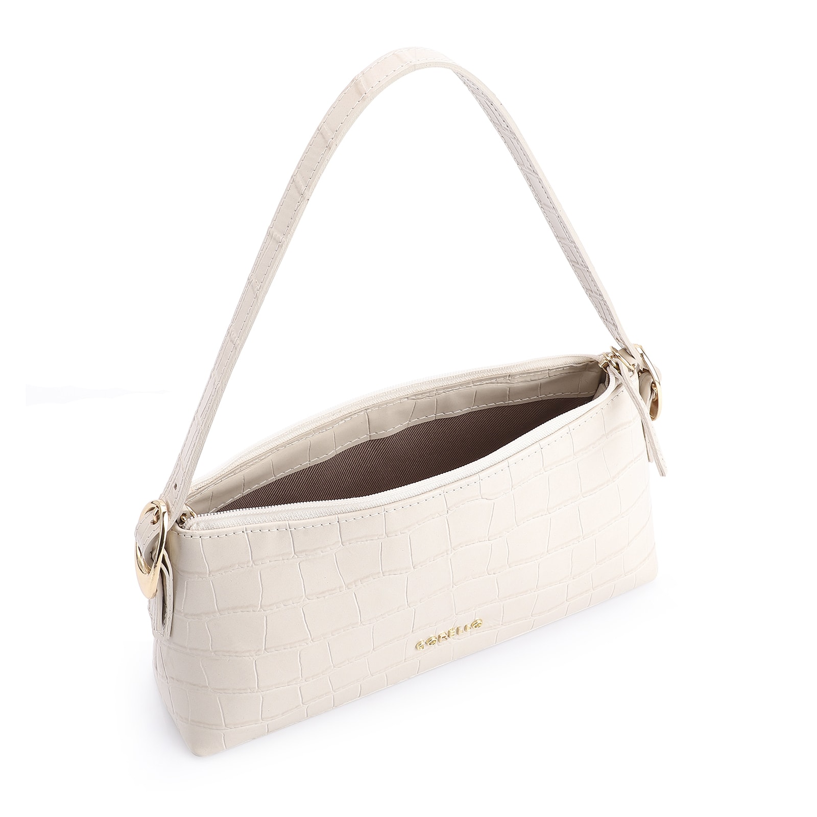 Bolsa De Ombro Fivelas Couro Croco Off White
