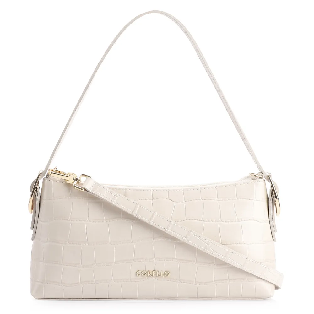 Bolsa De Ombro Fivelas Couro Croco Off White
