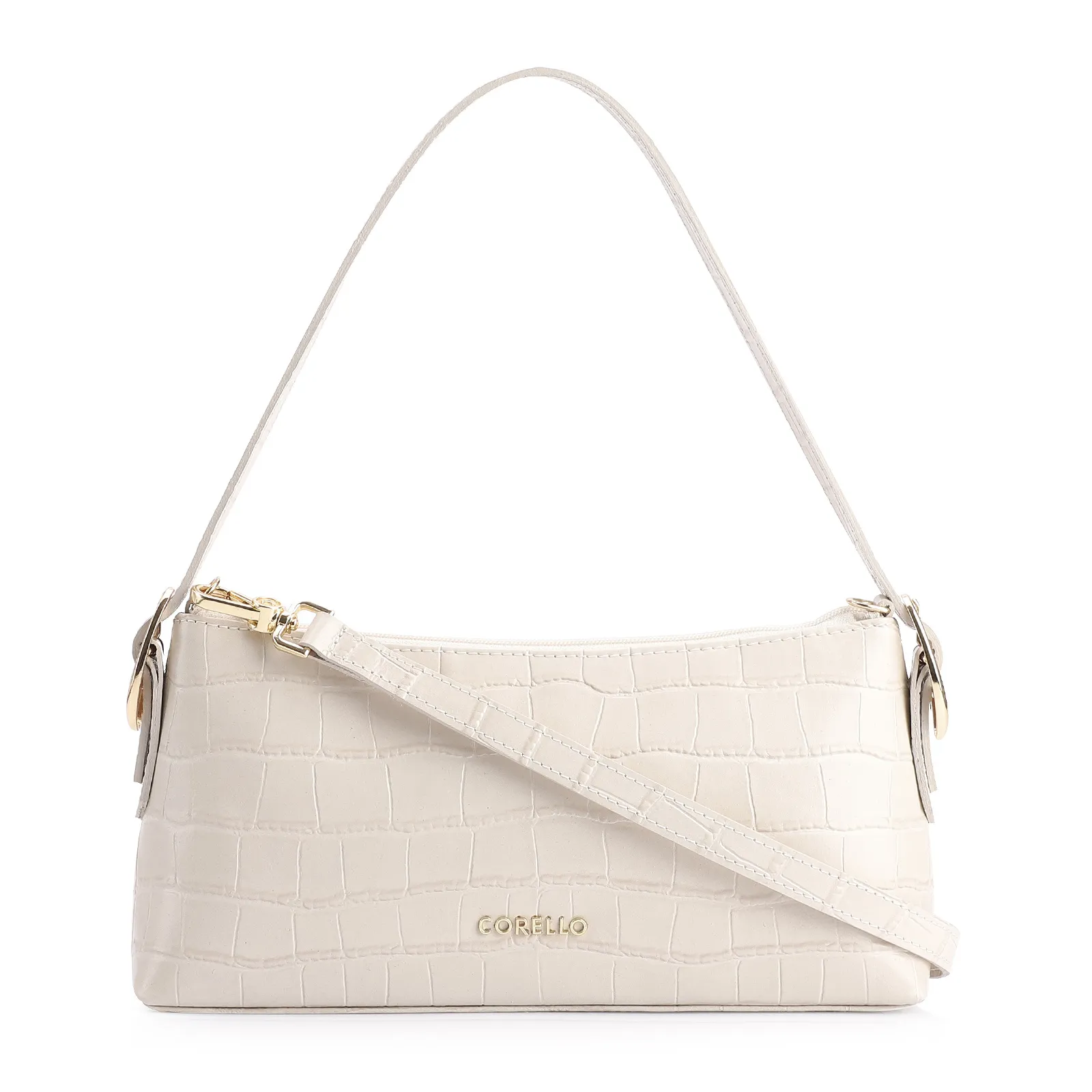 Bolsa De Ombro Fivelas Couro Croco Off White