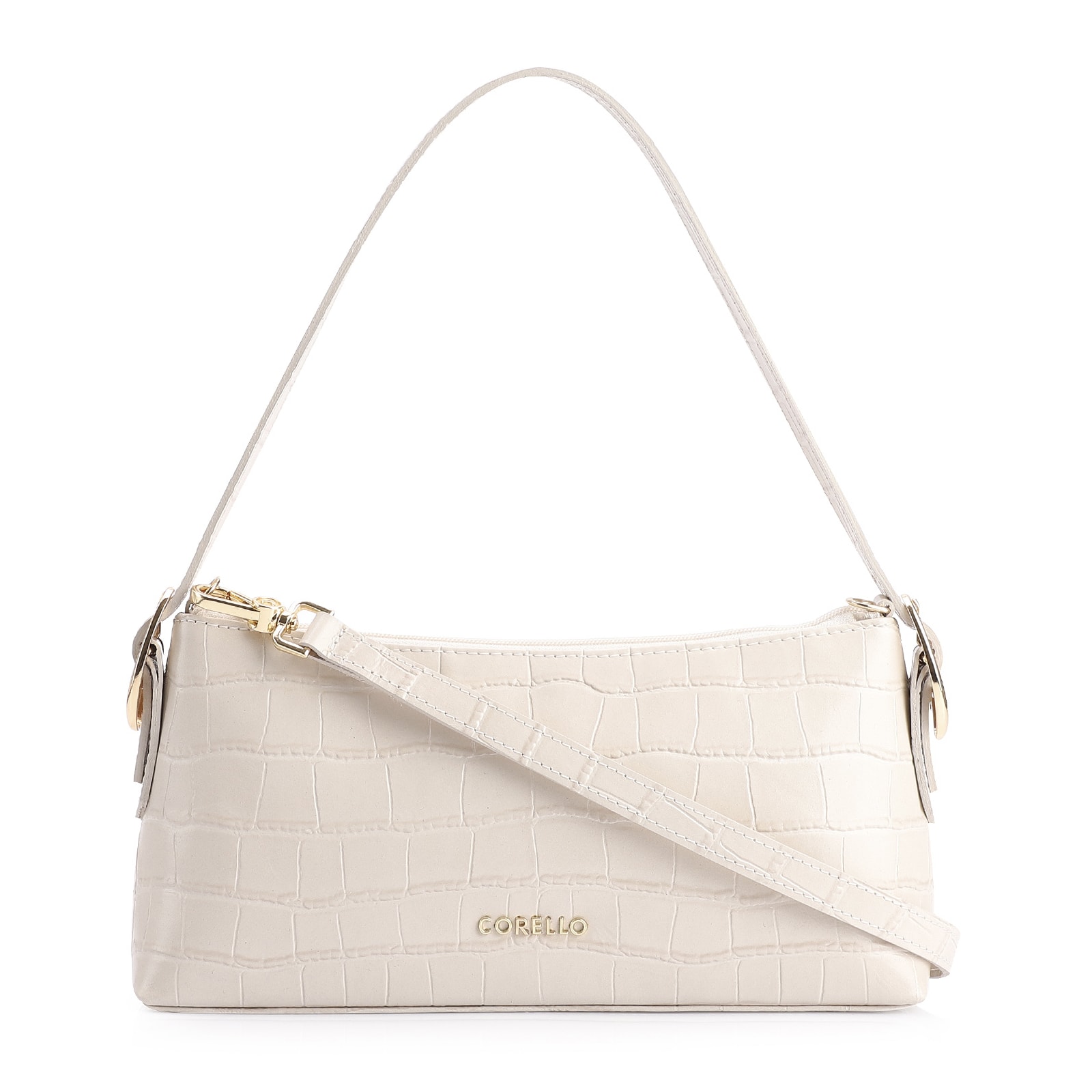 Bolsa De Ombro Fivelas Couro Croco Off White