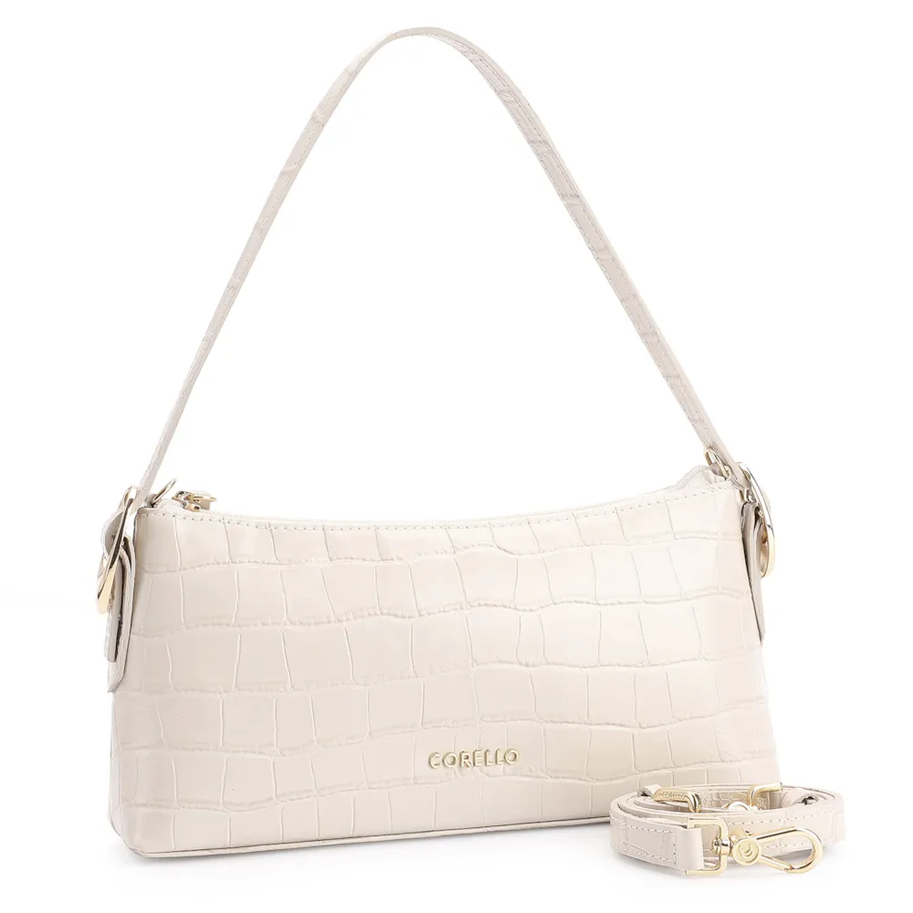 Bolsa De Ombro Fivelas Couro Croco Off White - imagem 2