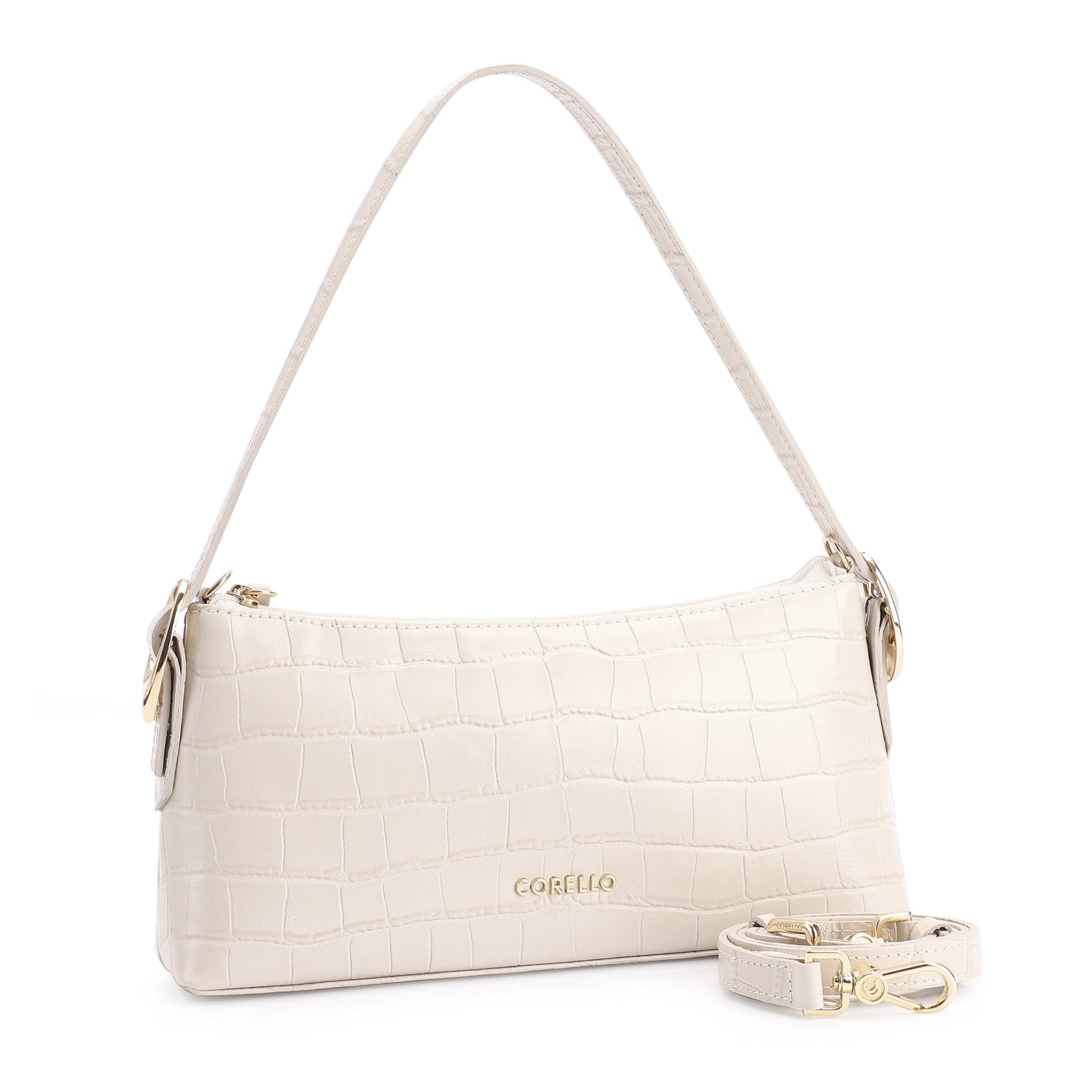 Bolsa De Ombro Fivelas Couro Croco Off White