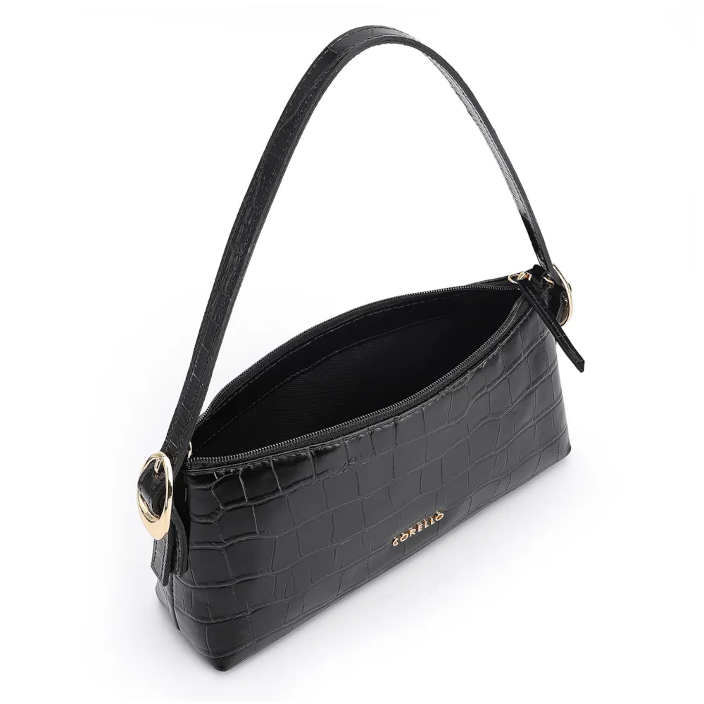 Bolsa De Ombro Fivelas Couro Croco Preto - imagem 4