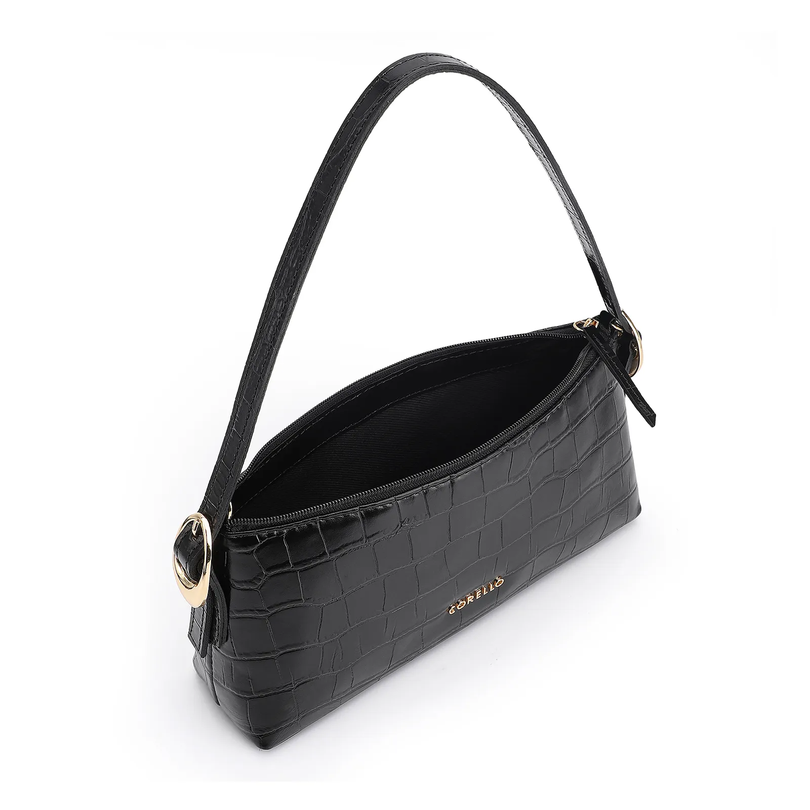 Bolsa De Ombro Fivelas Couro Croco Preto