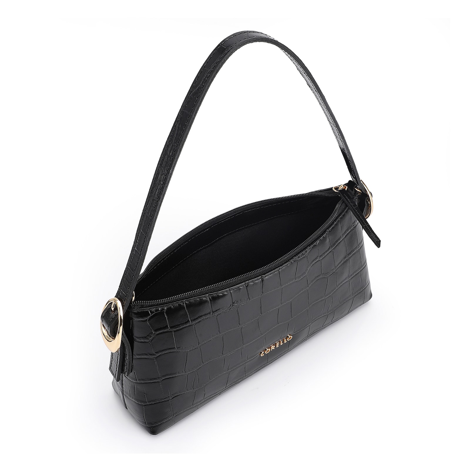 Bolsa De Ombro Fivelas Couro Croco Preto