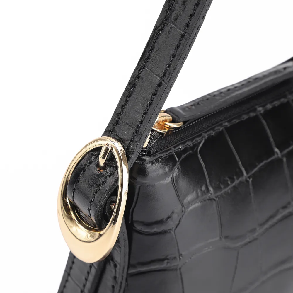 Bolsa De Ombro Fivelas Couro Croco Preto - imagem 5