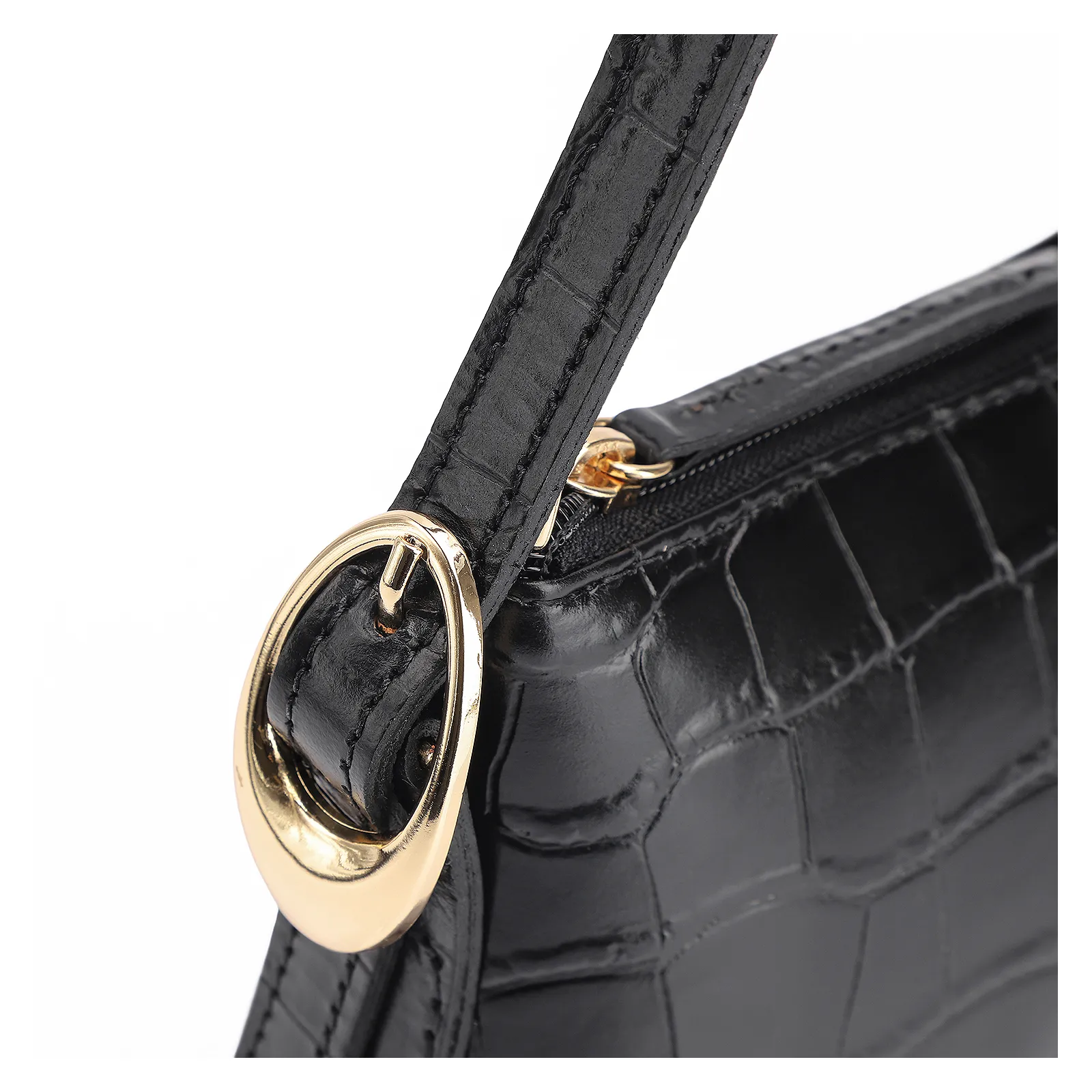 Bolsa De Ombro Fivelas Couro Croco Preto