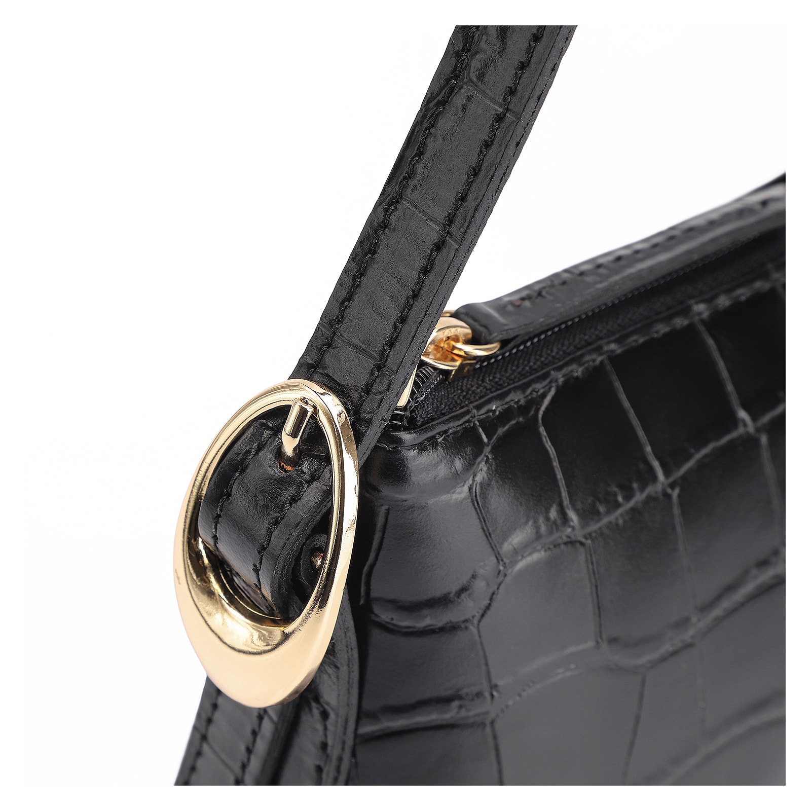 Bolsa De Ombro Fivelas Couro Croco Preto