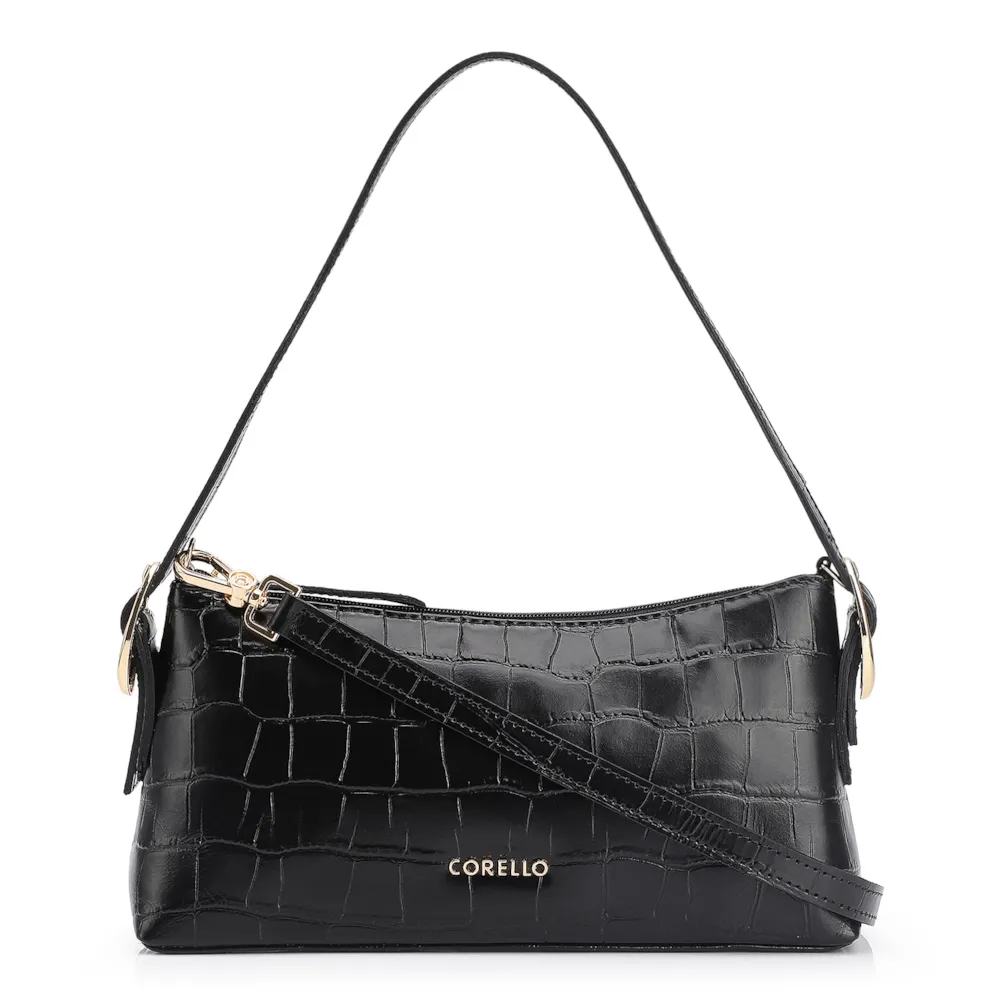 Bolsa De Ombro Fivelas Couro Croco Preto