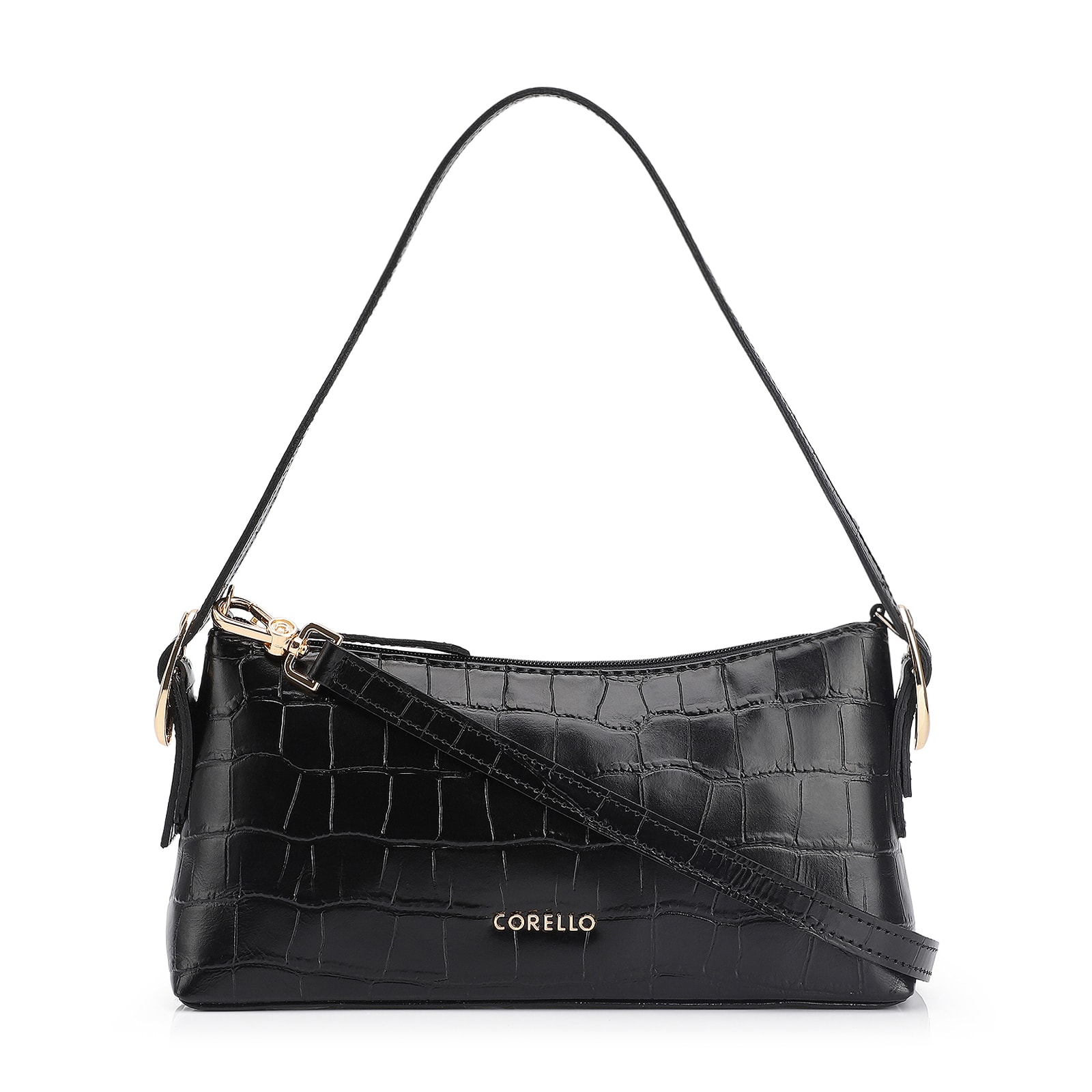 Bolsa De Ombro Fivelas Couro Croco Preto
