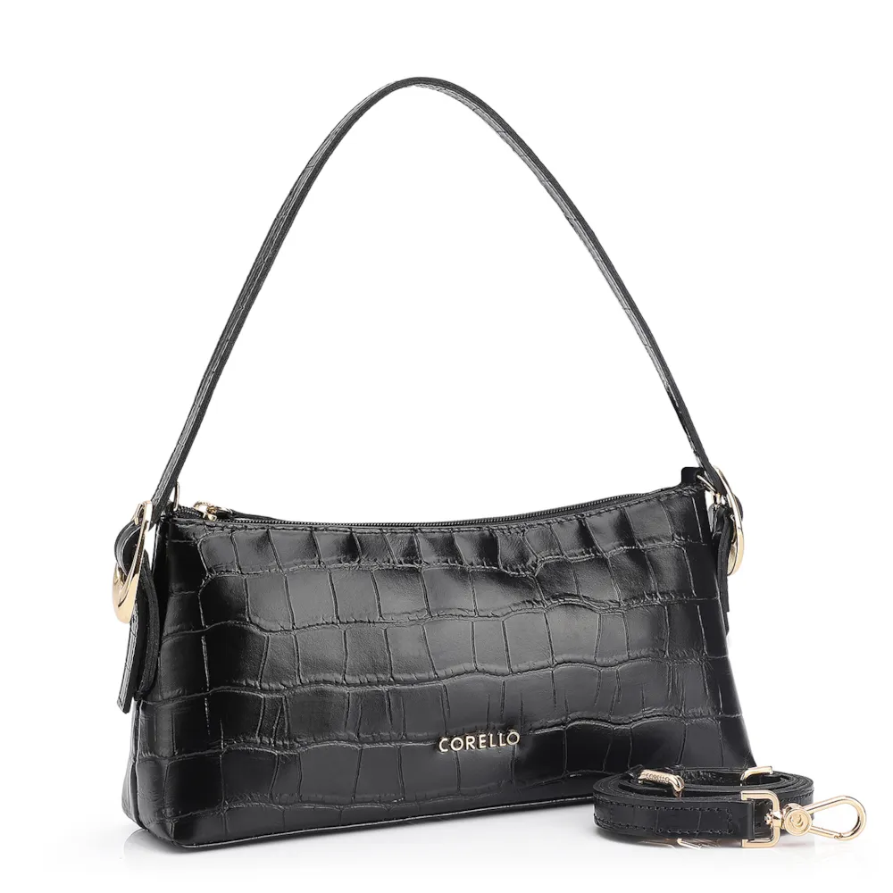 Bolsa De Ombro Fivelas Couro Croco Preto - imagem 2
