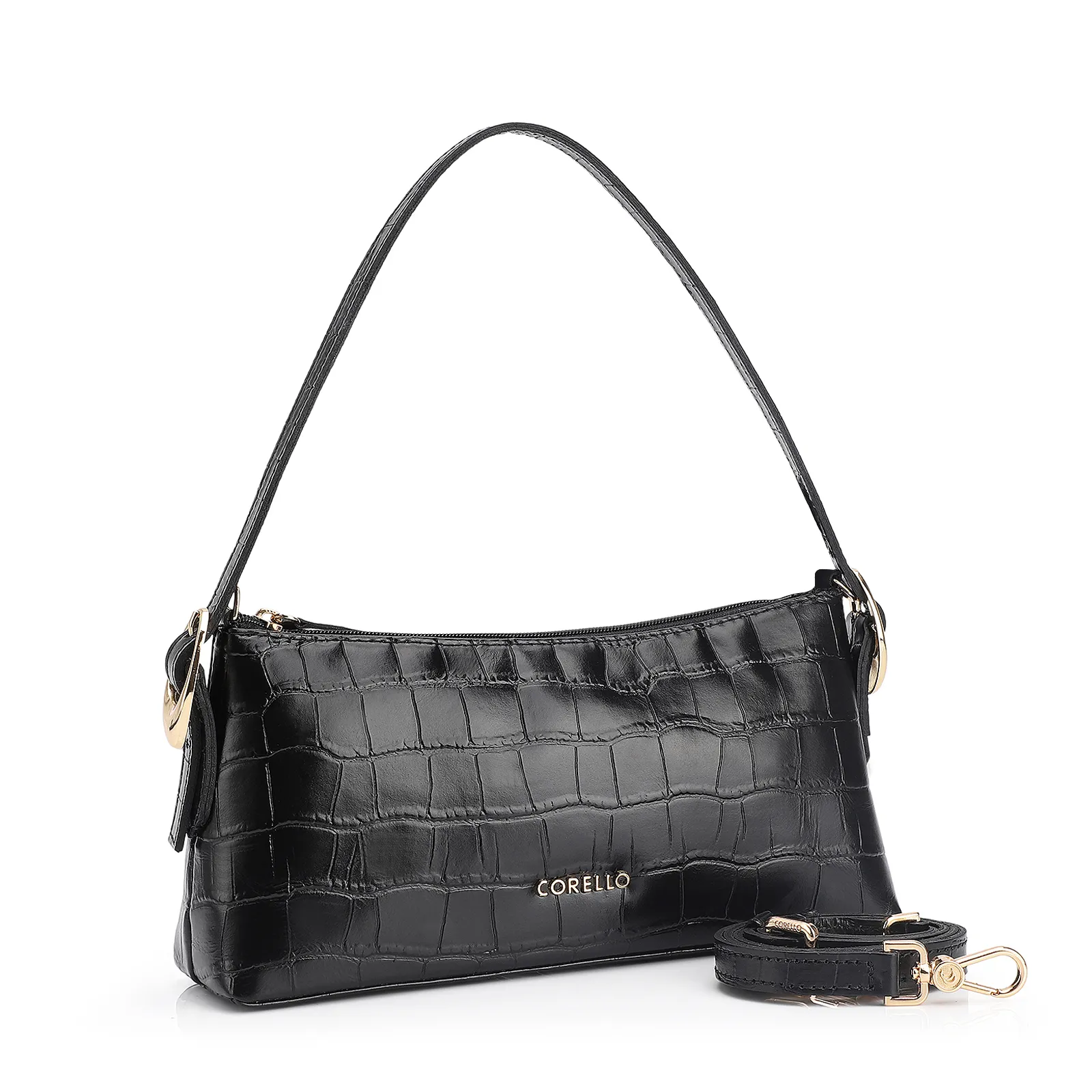 Bolsa De Ombro Fivelas Couro Croco Preto
