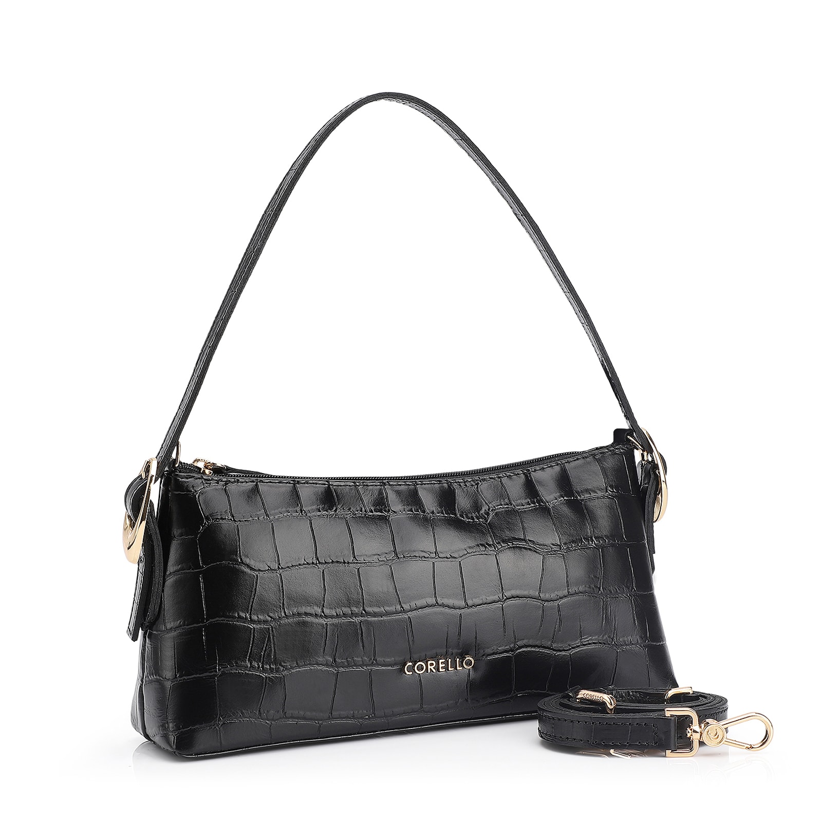 Bolsa De Ombro Fivelas Couro Croco Preto