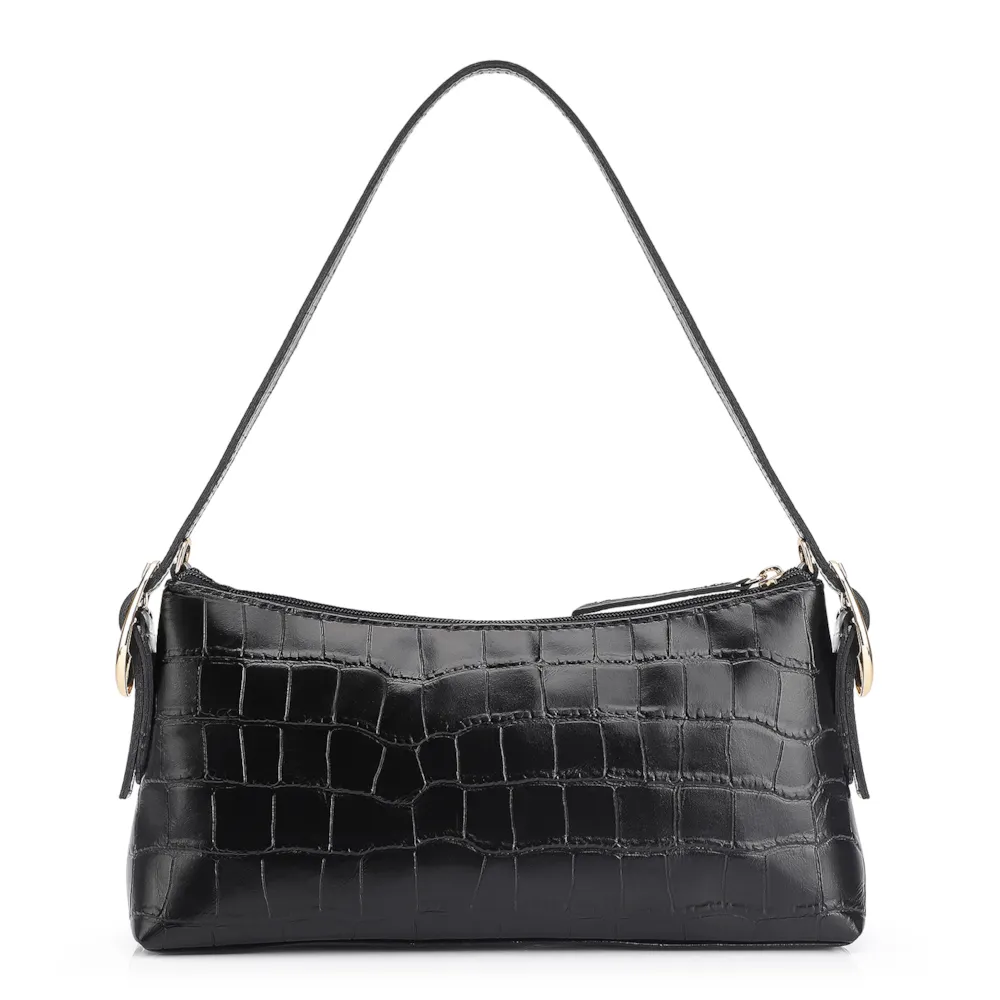 Bolsa De Ombro Fivelas Couro Croco Preto - imagem 3