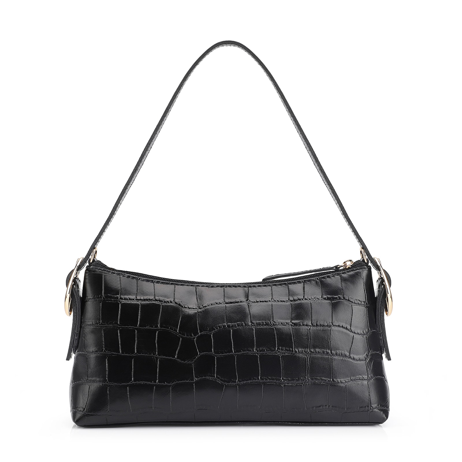 Bolsa De Ombro Fivelas Couro Croco Preto