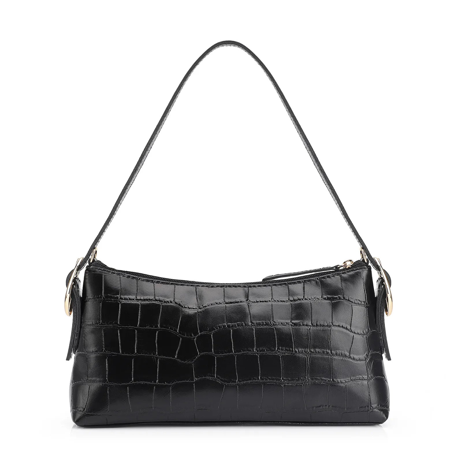 Bolsa De Ombro Fivelas Couro Croco Preto