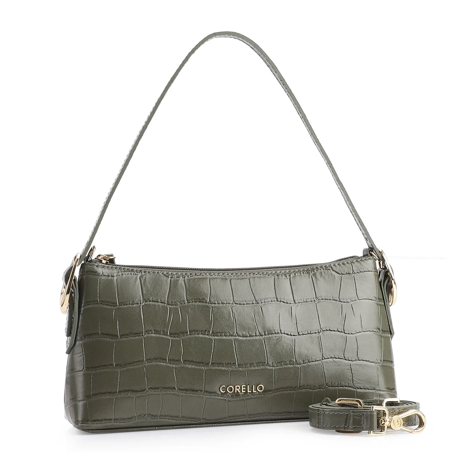Bolsa De Ombro Fivelas Couro Croco Verde