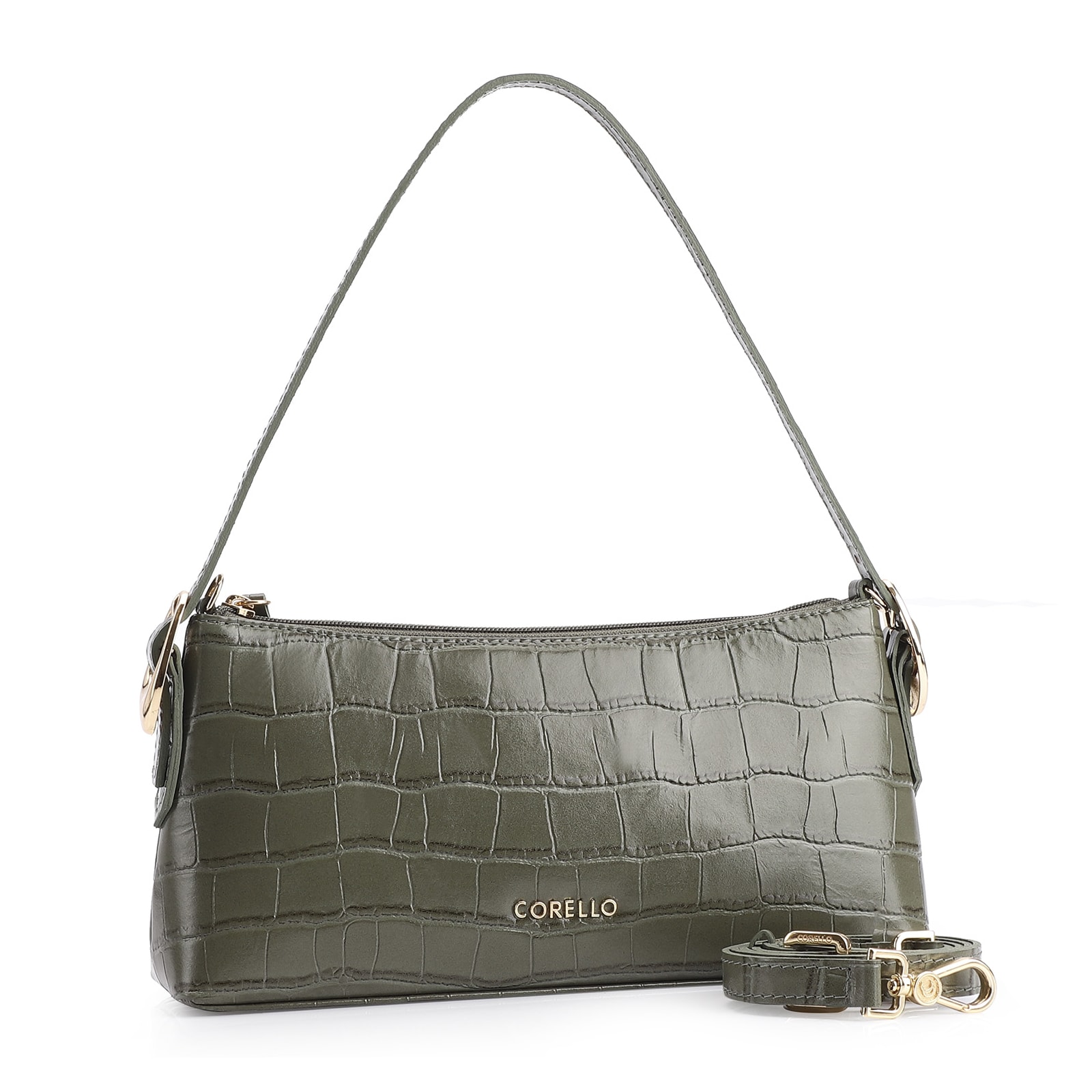 Bolsa De Ombro Fivelas Couro Croco Verde
