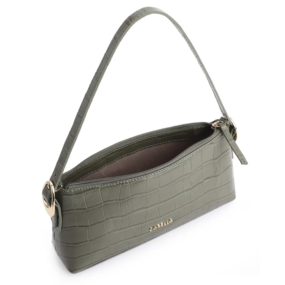 Bolsa De Ombro Fivelas Couro Croco Verde - imagem 5