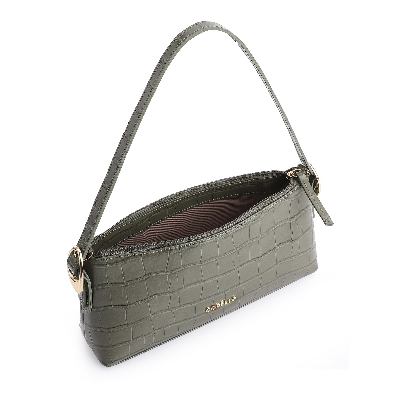 Bolsa De Ombro Fivelas Couro Croco Verde