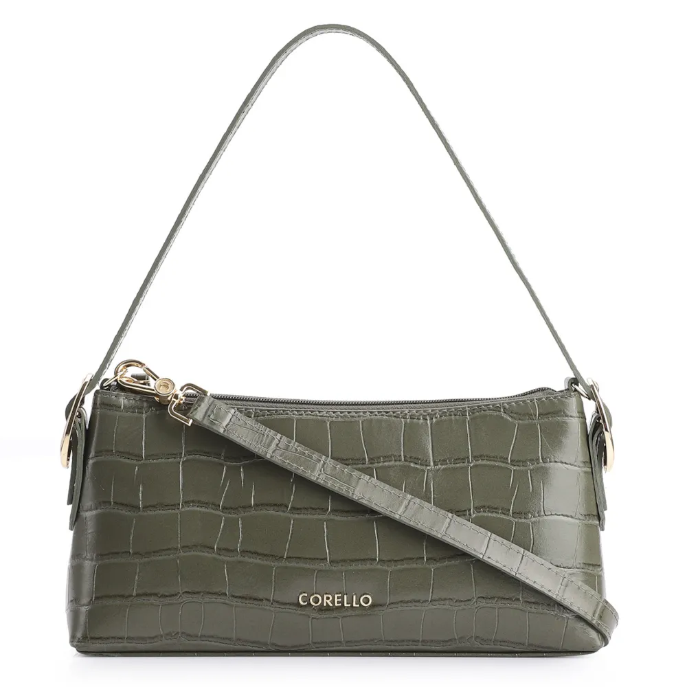 Bolsa De Ombro Fivelas Couro Croco Verde