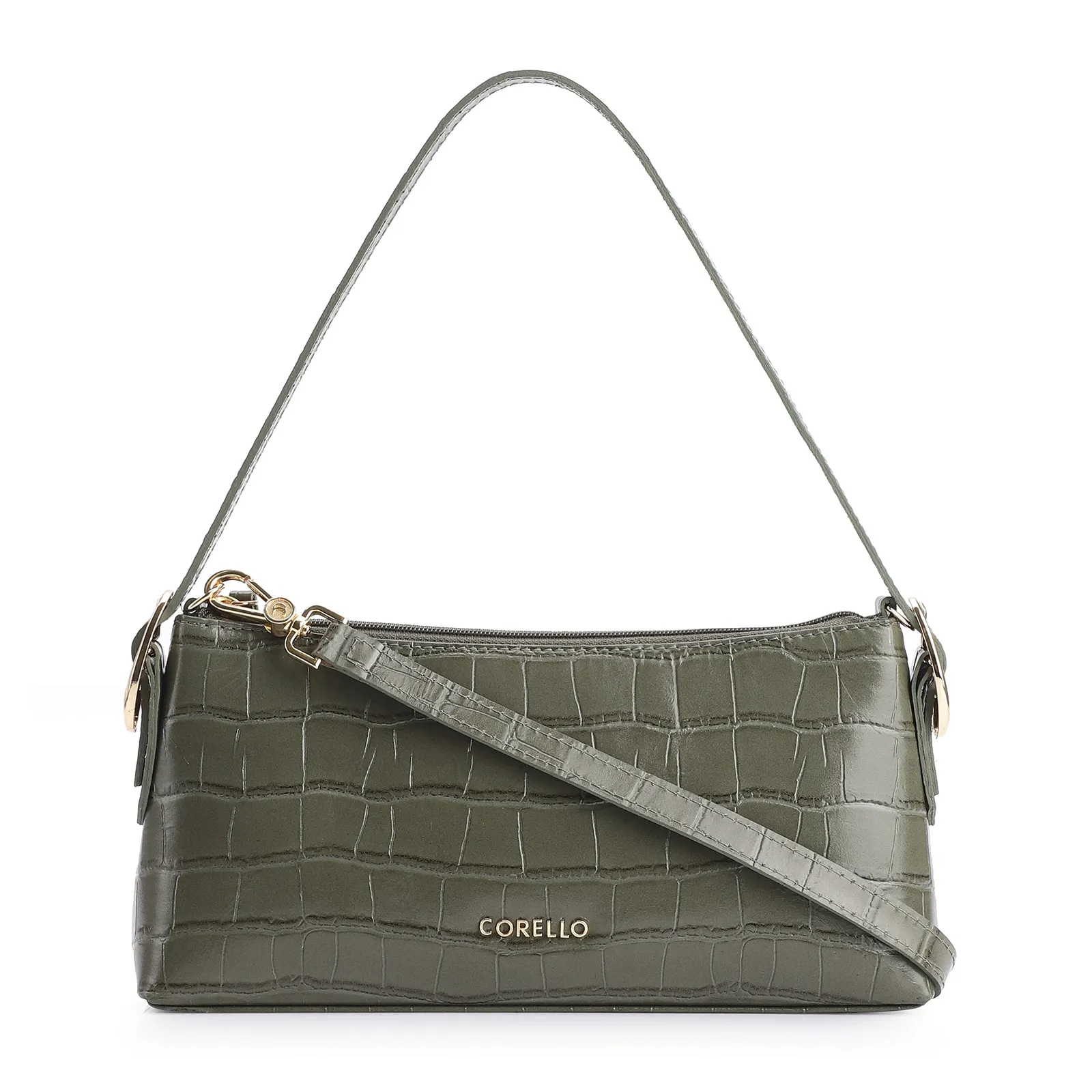 Bolsa De Ombro Fivelas Couro Croco Verde