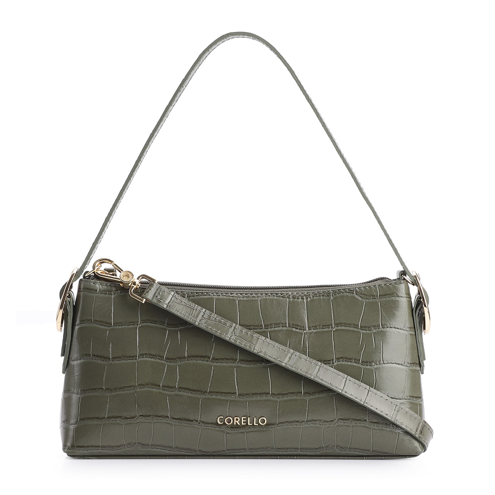 Bolsa De Ombro Fivelas Couro Croco Verde